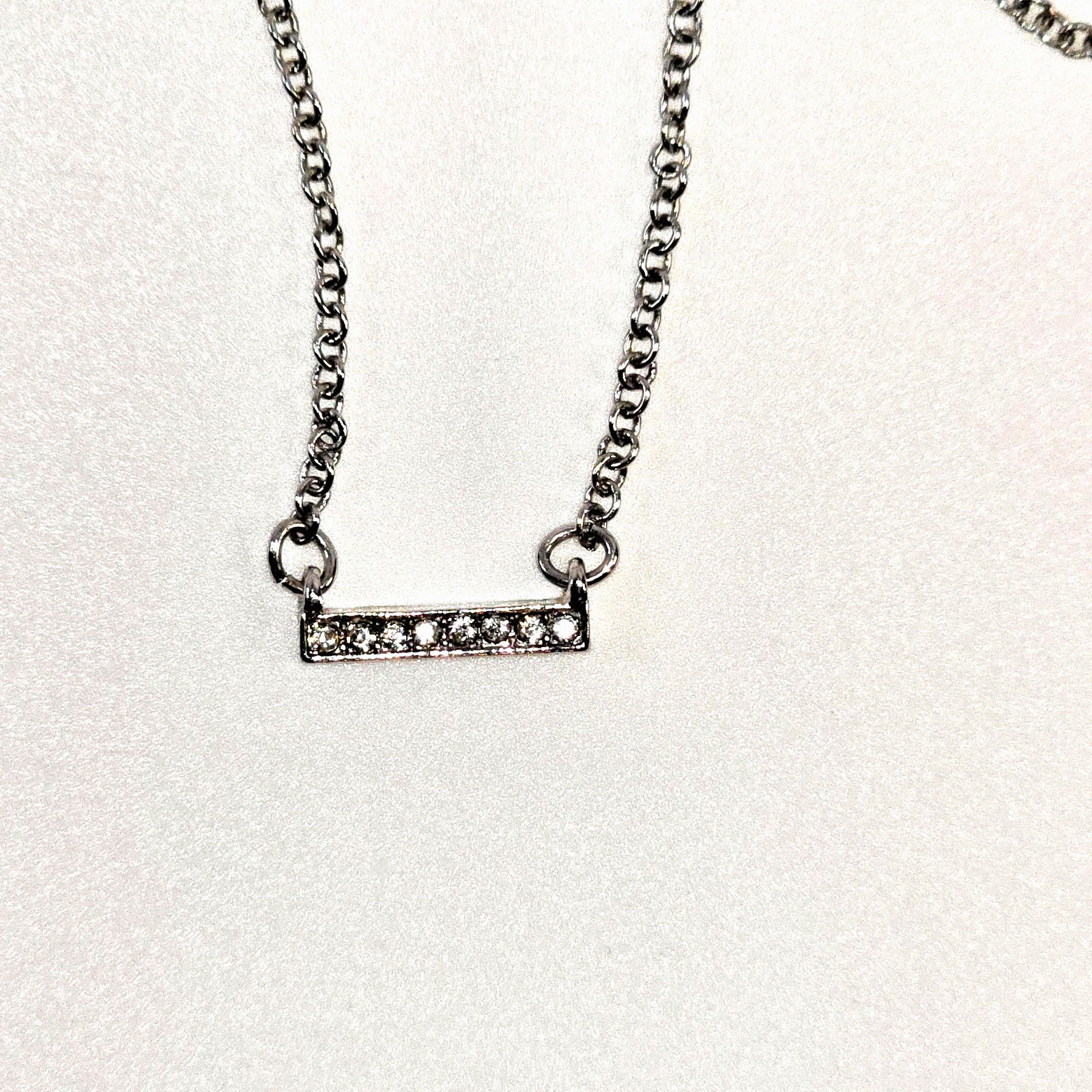 Silver Tone Glass Crystal Bar Pendant Necklace Minimalist Dainty 14 In Necklace