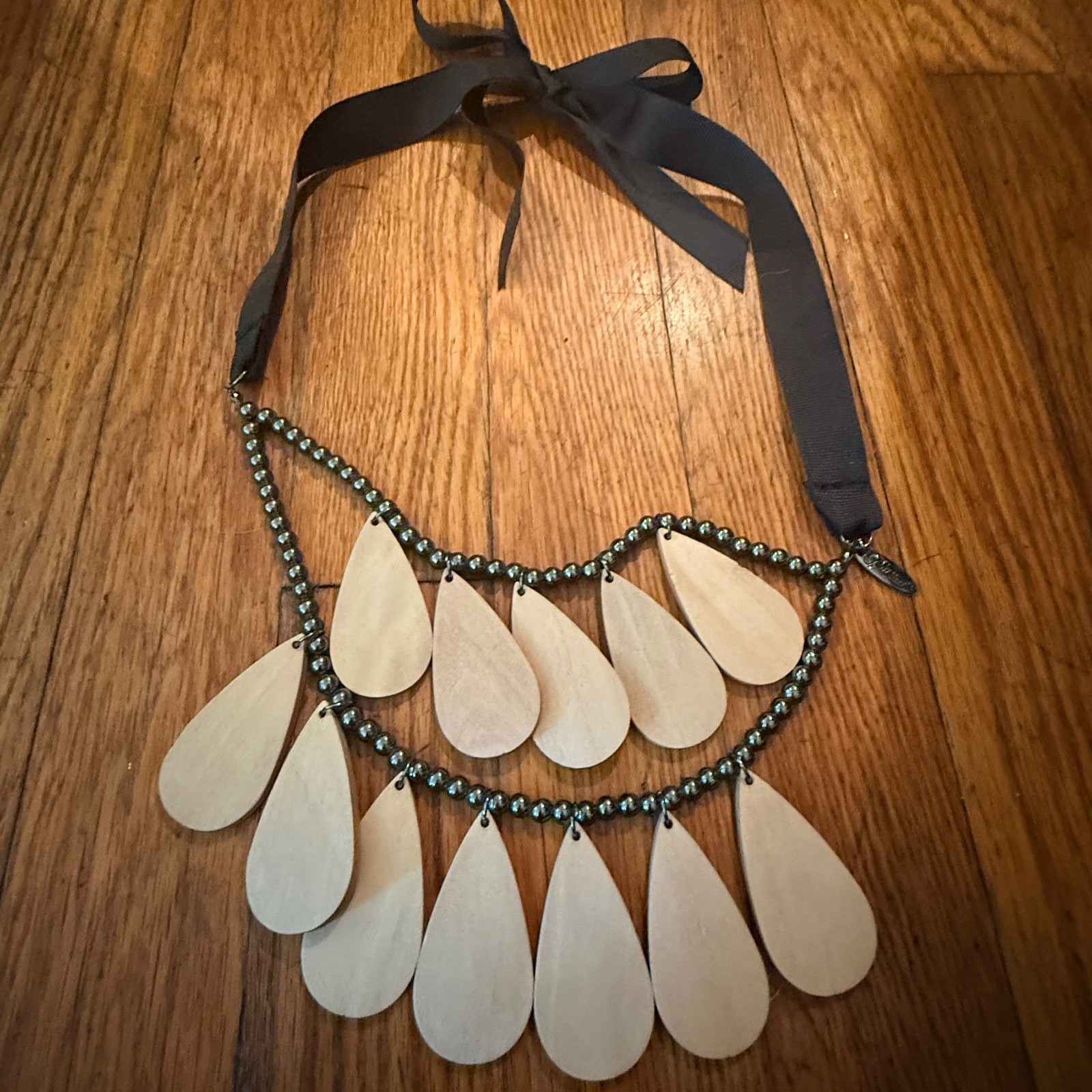 Plunder Wooden Teardrop Pendant Necklace with Black Ribbon Tie
