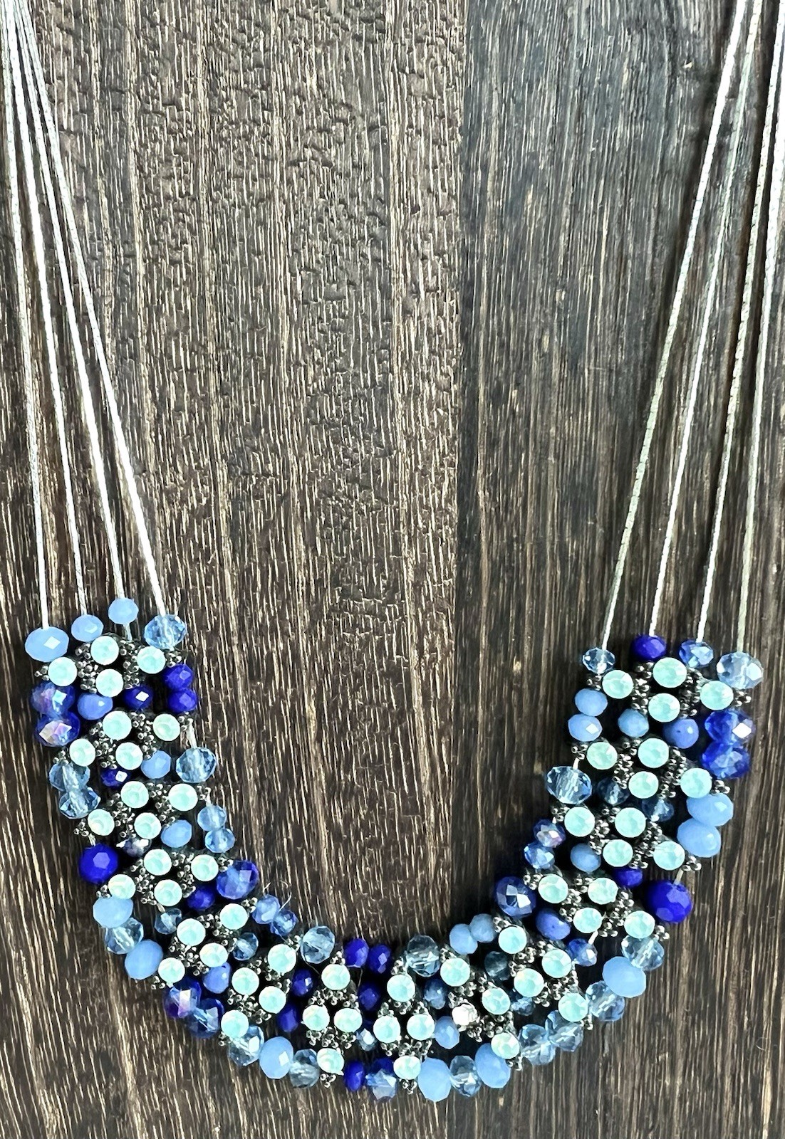 Blue Multi Strand Beaded Statement Necklace Bib Collar Faceted Glass Silver Tone
