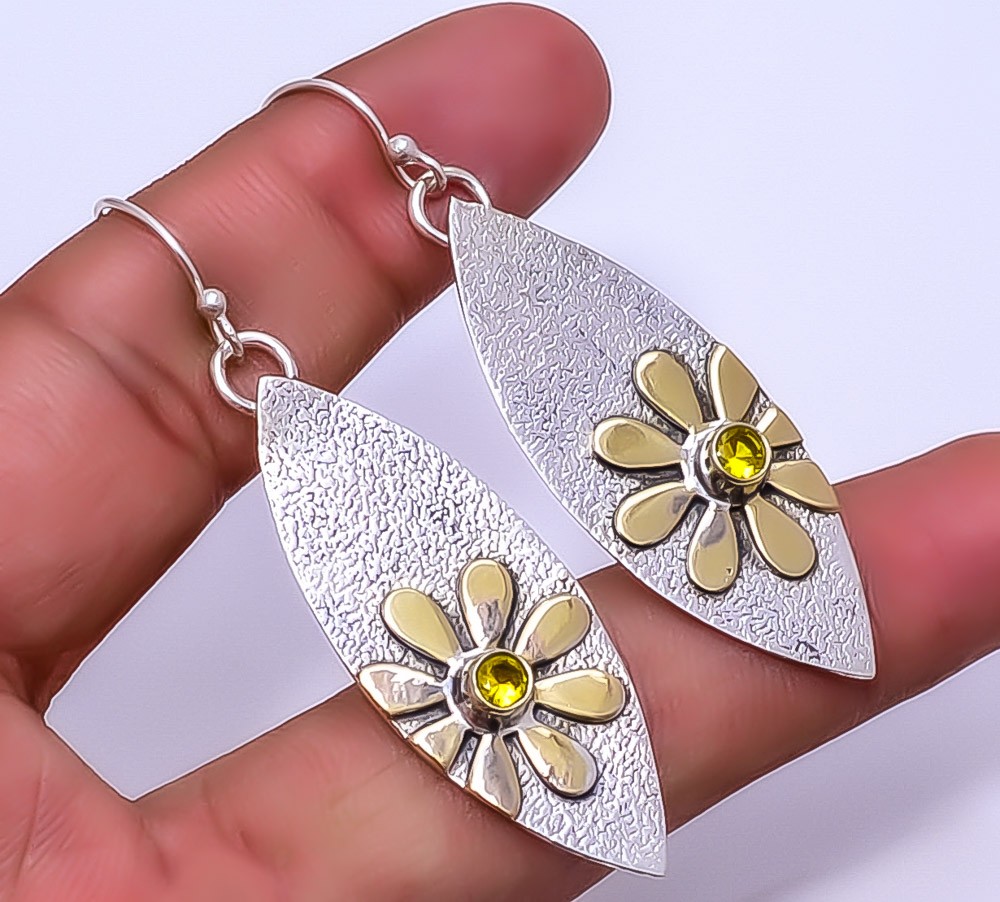 Lemon Quartz 925 Sterling Silver Handmade Two Tone Floral Earring 2.46″ E20