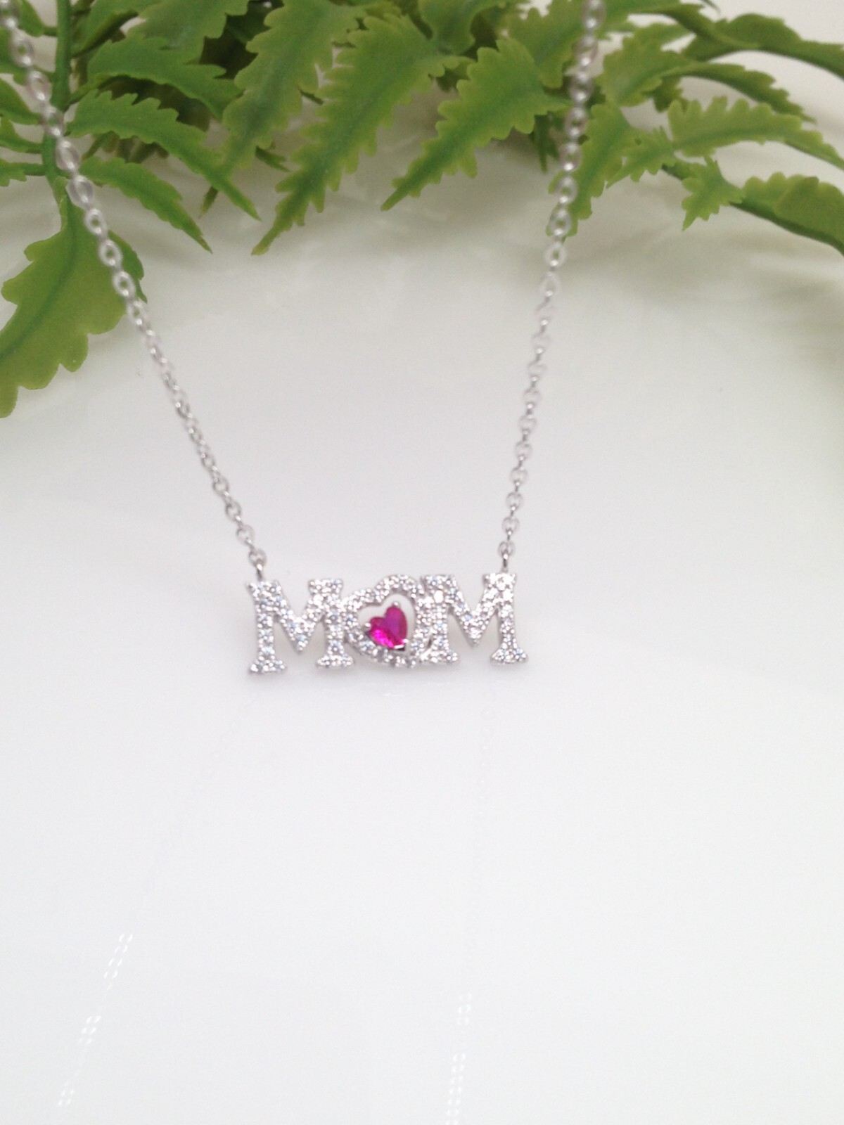 925 Sterling Silver CZ Pink Heart Mom Script Pendant Necklace 20mm 17.25″