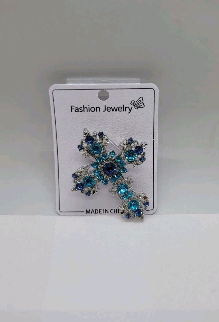 Blue & Clear Crystal Court Rhinestone Cross Brooch – Baroque Style Pin