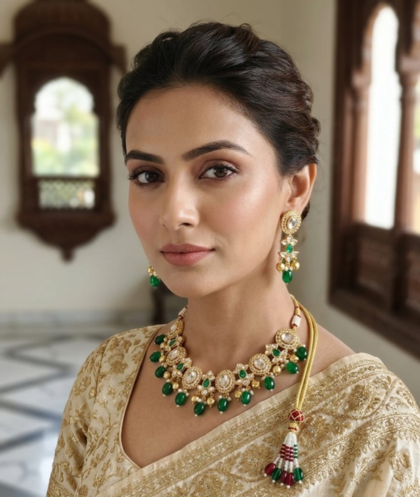 Indian Kundan Style Green Bead Necklace Earrings Set Bridal Wedding Jewelry