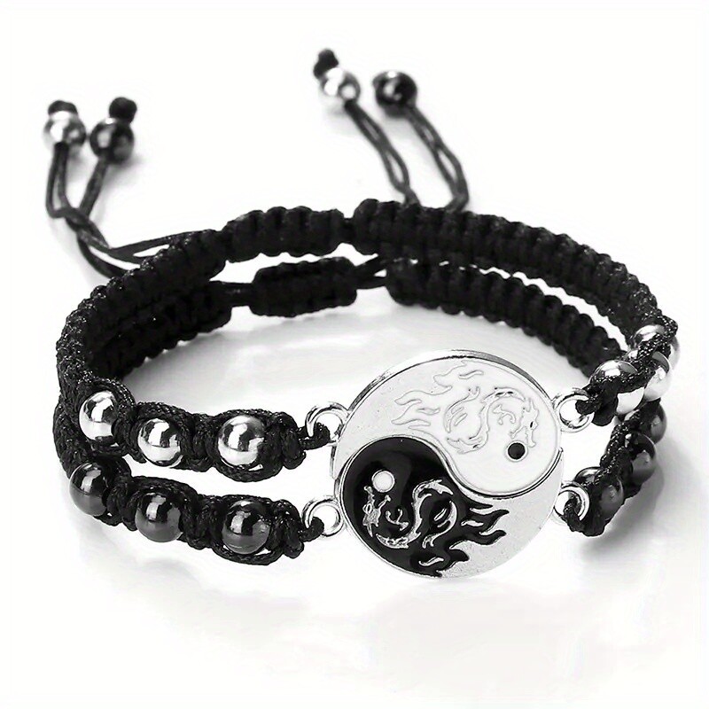 2 PCS Tai Chi Yin Yang Couple Matching Pendant Bracelet Adjustable Braided Chain