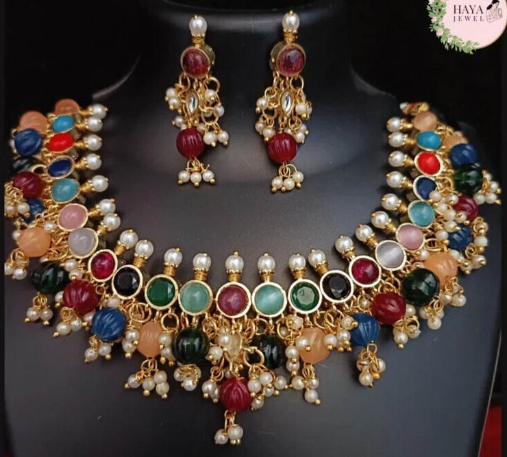 Multicolor Kundan Choker Kundan Navratan Necklace with Matching Earrings Set