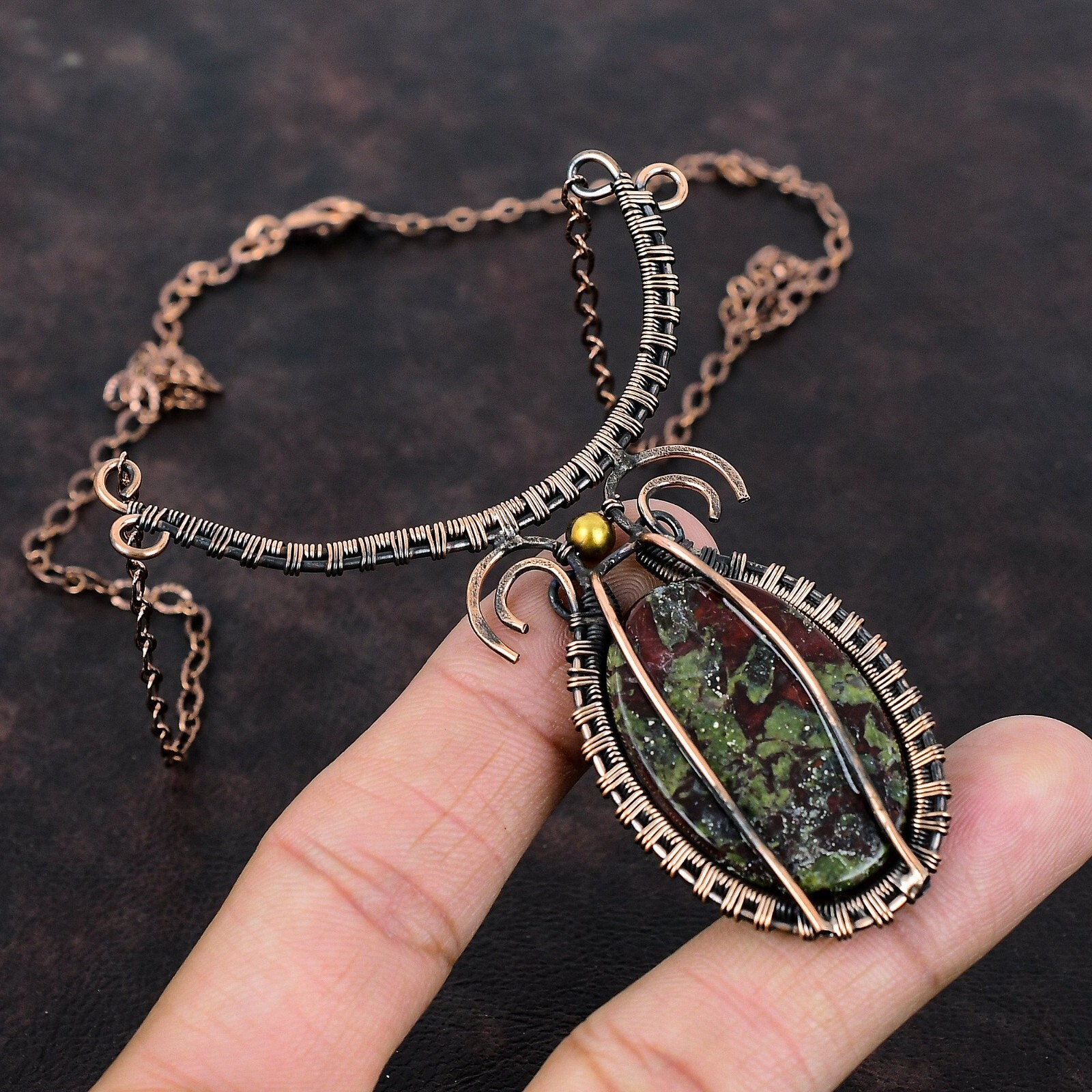 Dragon Bloodstone Jewelry Copper Mom Gift Wire Wrapped Adjustable Necklace 18.0″