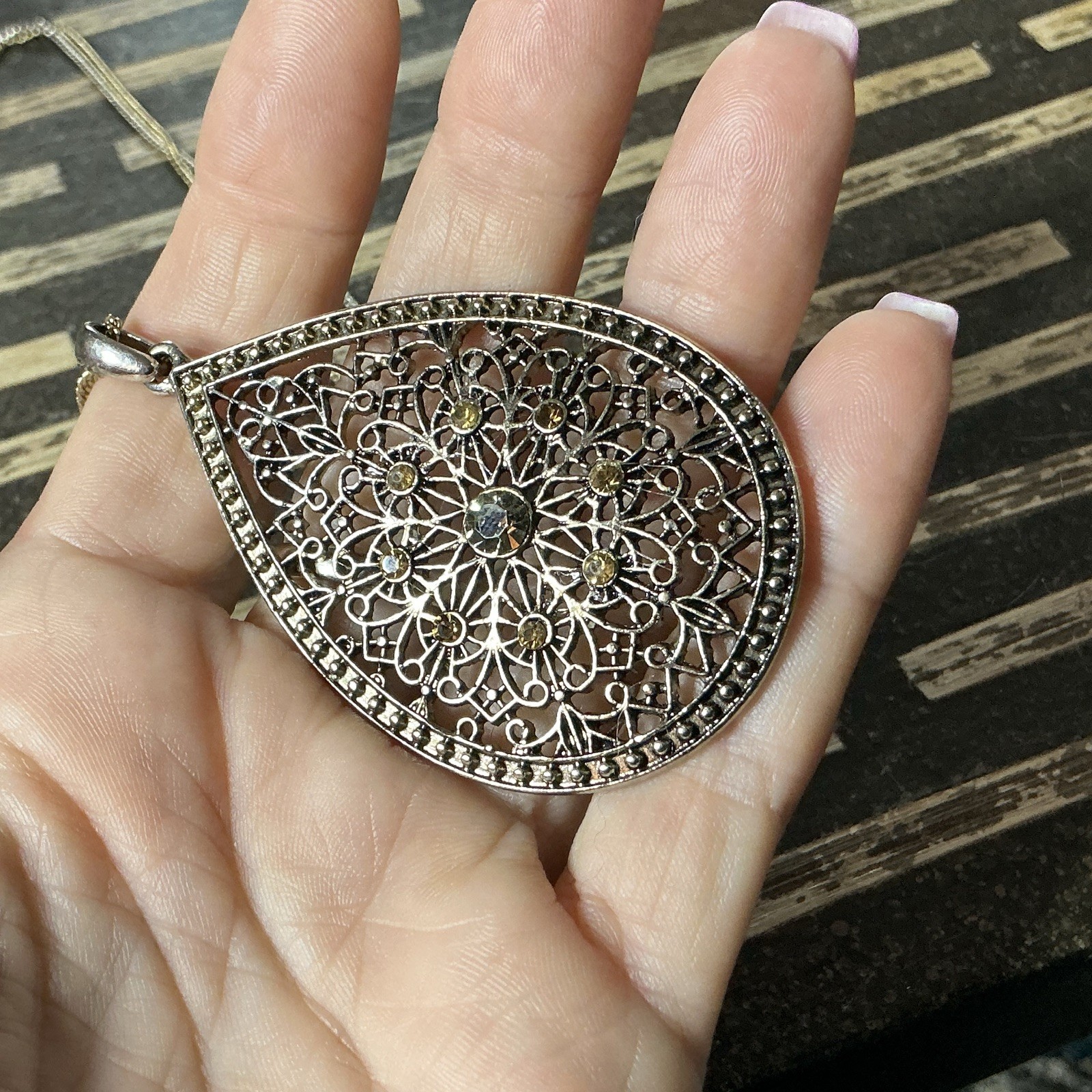 Silver Tone Teardrop Filigree Floral Crystal Pendant Snake Chain Necklace