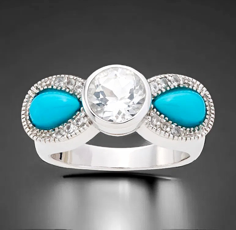 Judy Crowell Sleeping Beauty Turquoise & White Topaz Sterling Bow-Tie Ring Sz 7