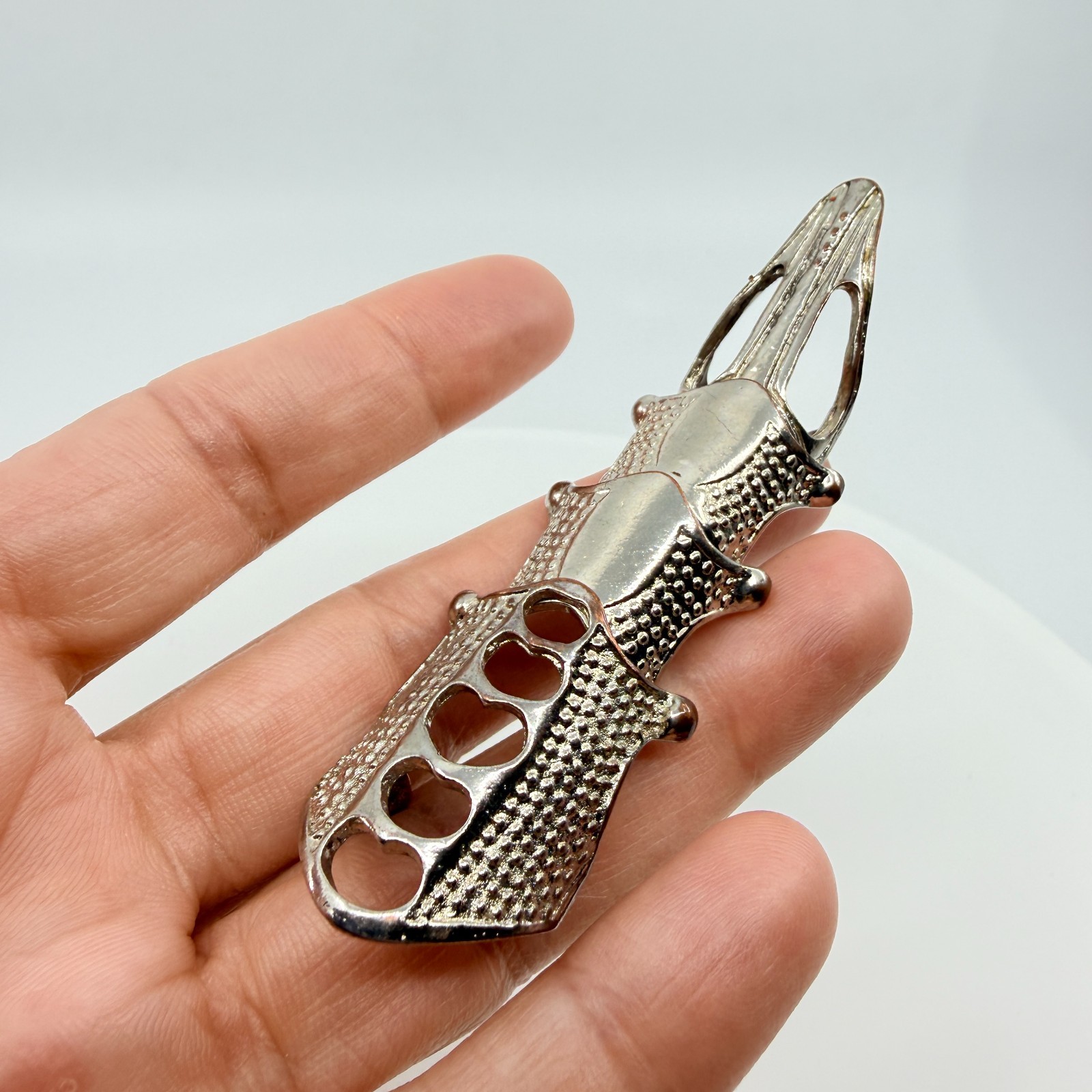 VTG Gothic Hinged Full Finger Armor Ring Silver Tone Textured Claw Punk Retro