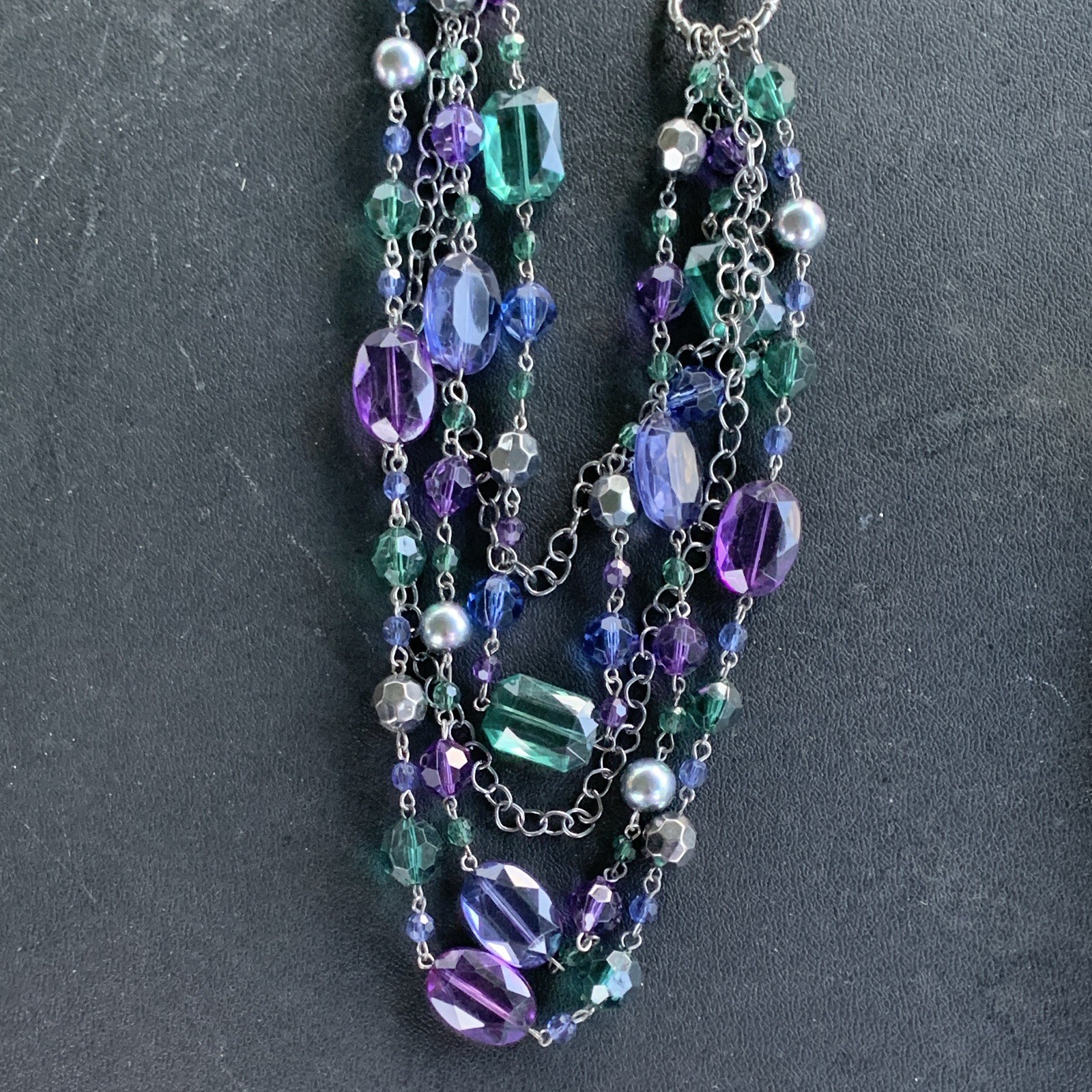 Silver Tone Multi-Strand Beaded Cable Chain Necklace Green Purple Blue