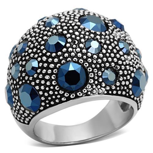 Montana Blue Crystal Wide Band Dome Bubble Stainless Steel Cocktail Cluster Ring