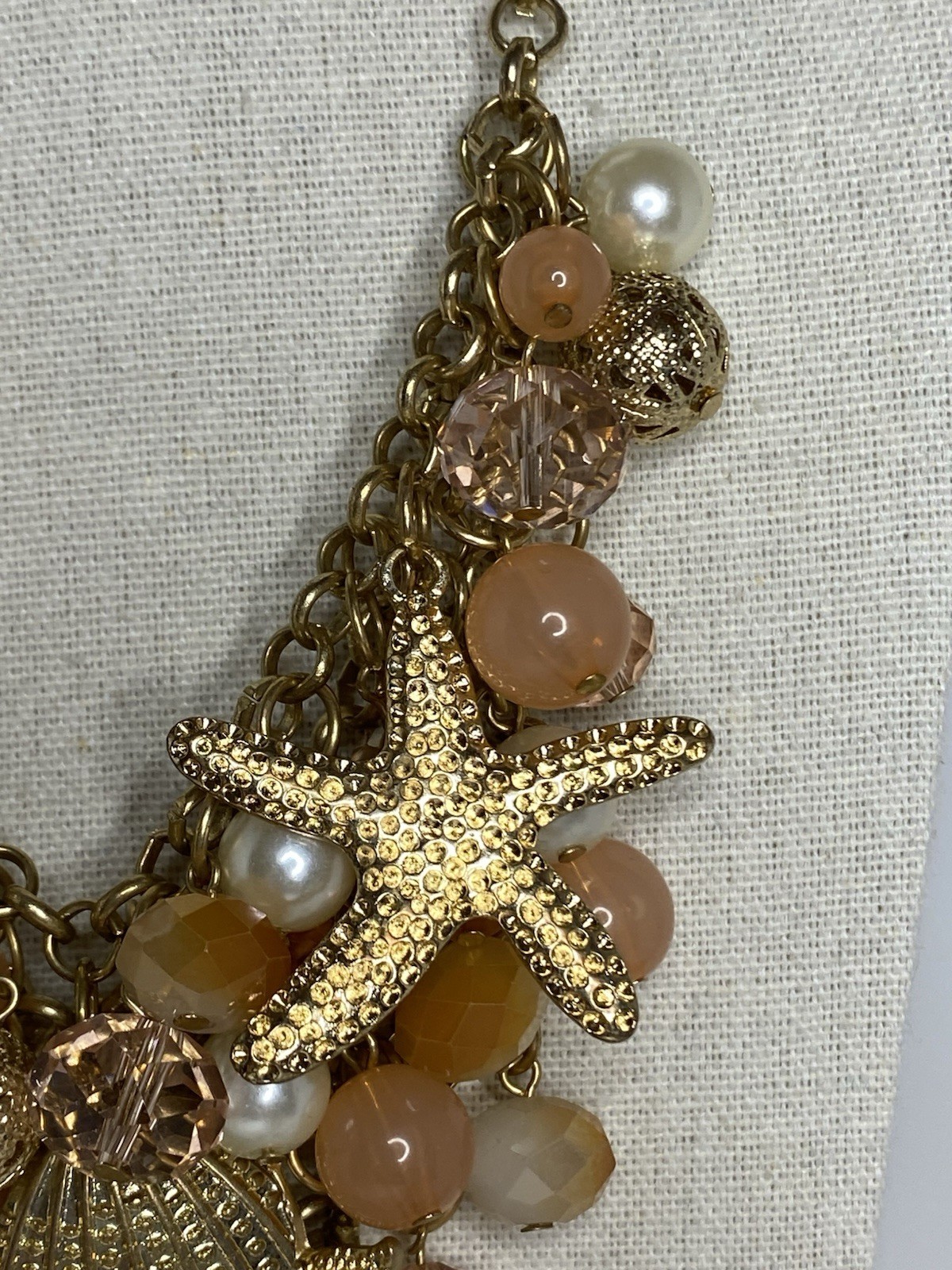 Coastal Statement Bib Necklace Shell Starfish Beaded Cha Cha Faux Pearls Charms