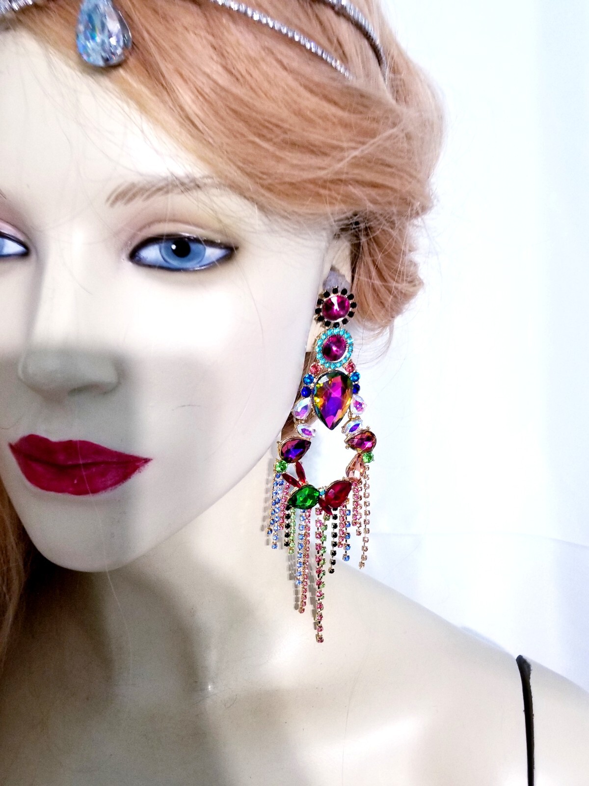 Chandelier Rhinestone Crystal Pageant Bridal Earrings Colorful Drop Dangle 6 In