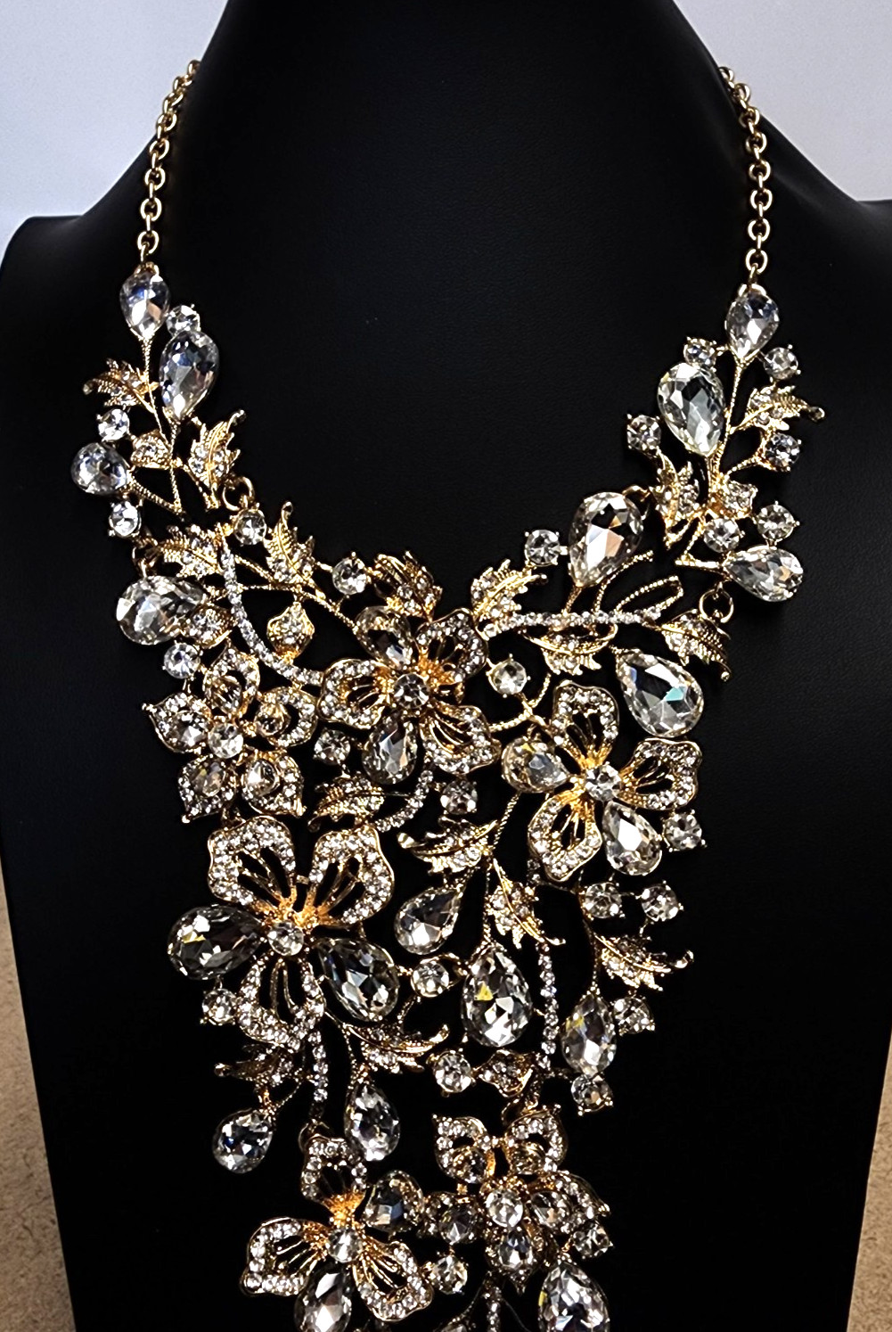 Natasha Gold Tone Crystal Bib Statement Necklace 16″+3″