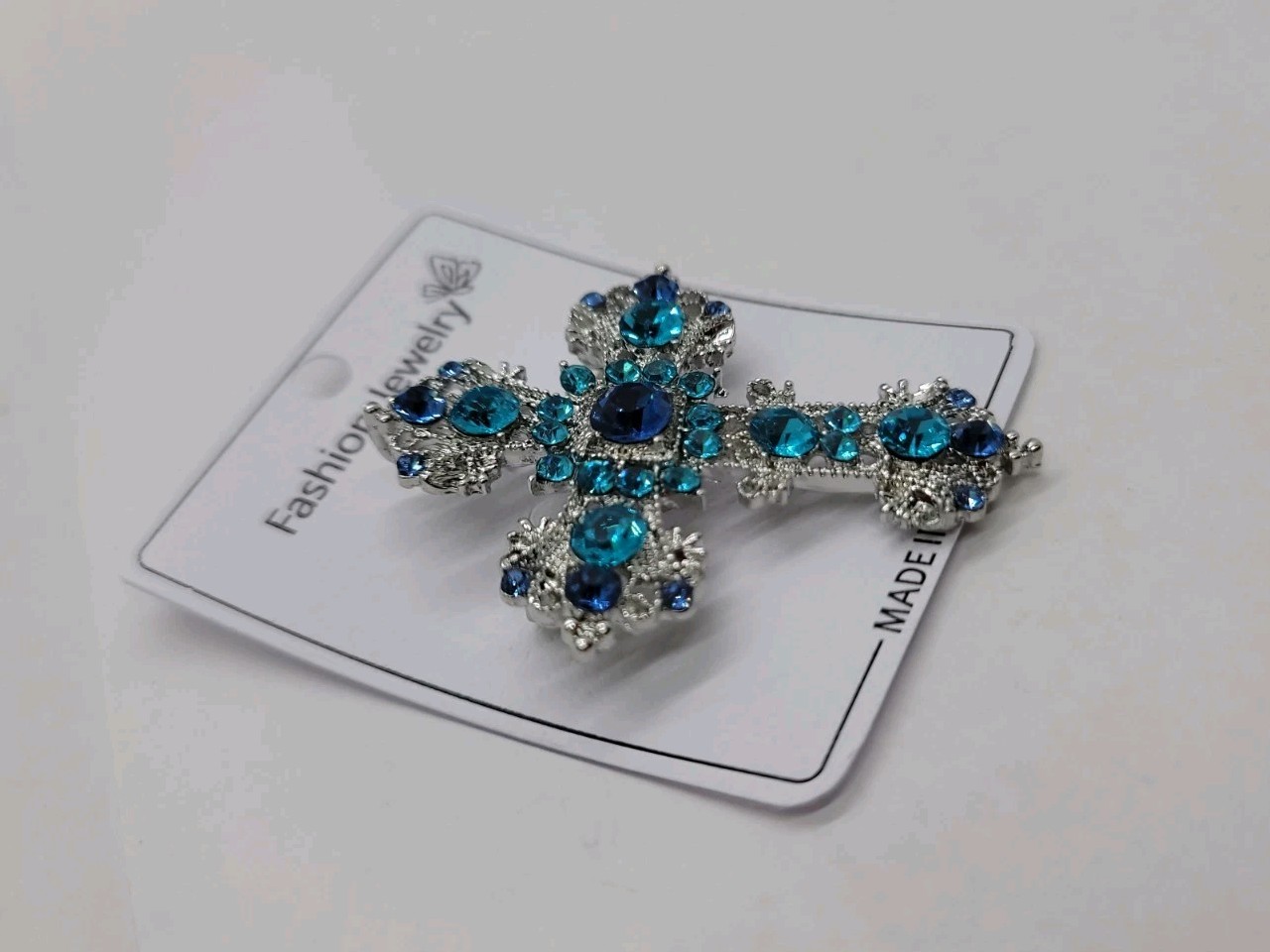 Blue & Clear Crystal Court Rhinestone Cross Brooch – Baroque Style Pin