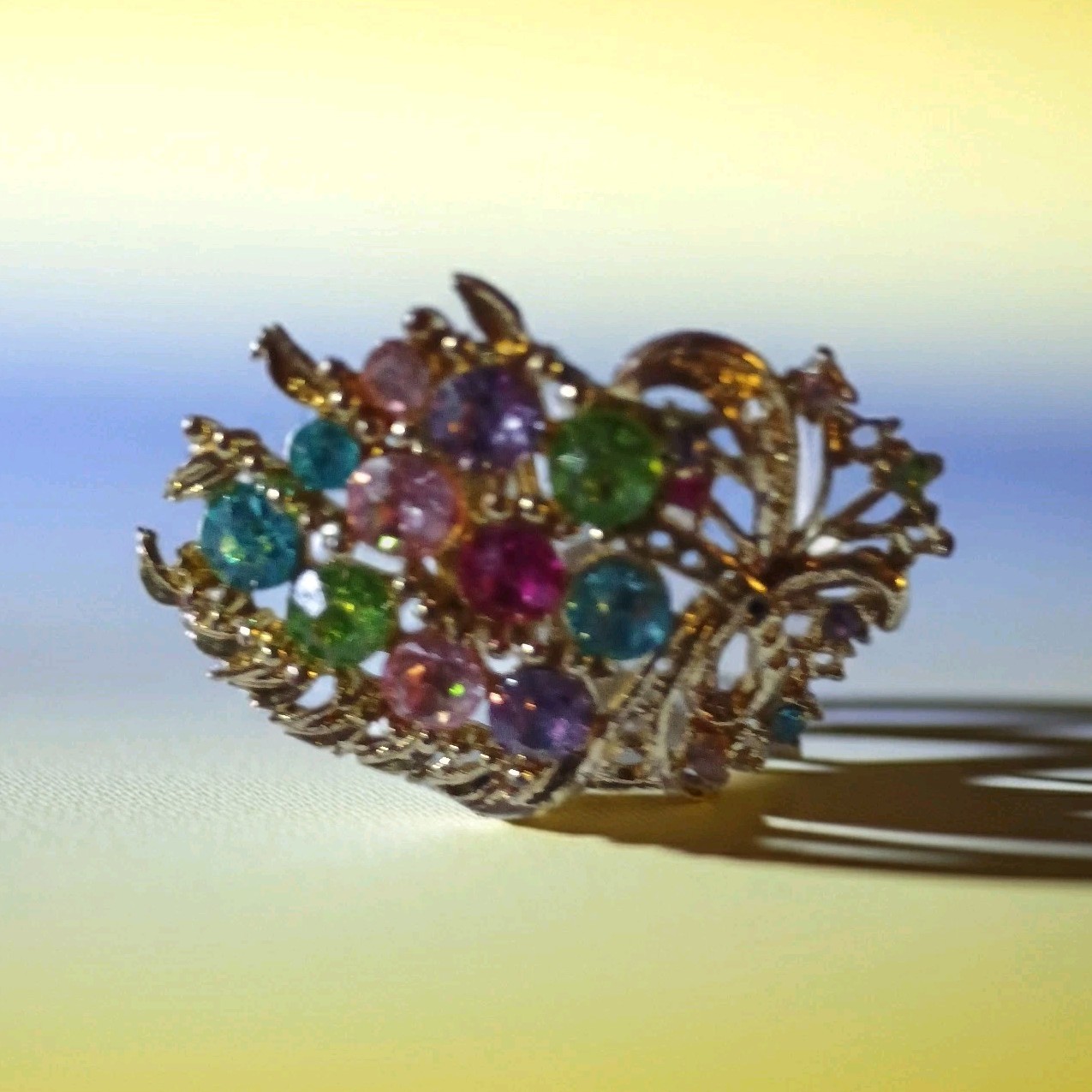 Gold Tone Multicolor Crystal Cocktail Ring, Prong Set Asymmetrical Adjustable