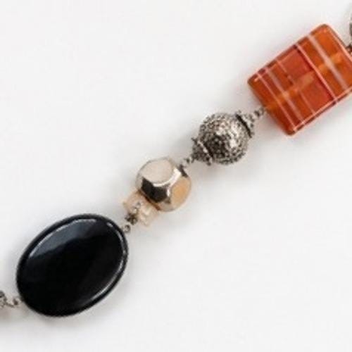Boho Mixed Media Statement Necklace Orange Black Silver Beaded Chunky Long Line
