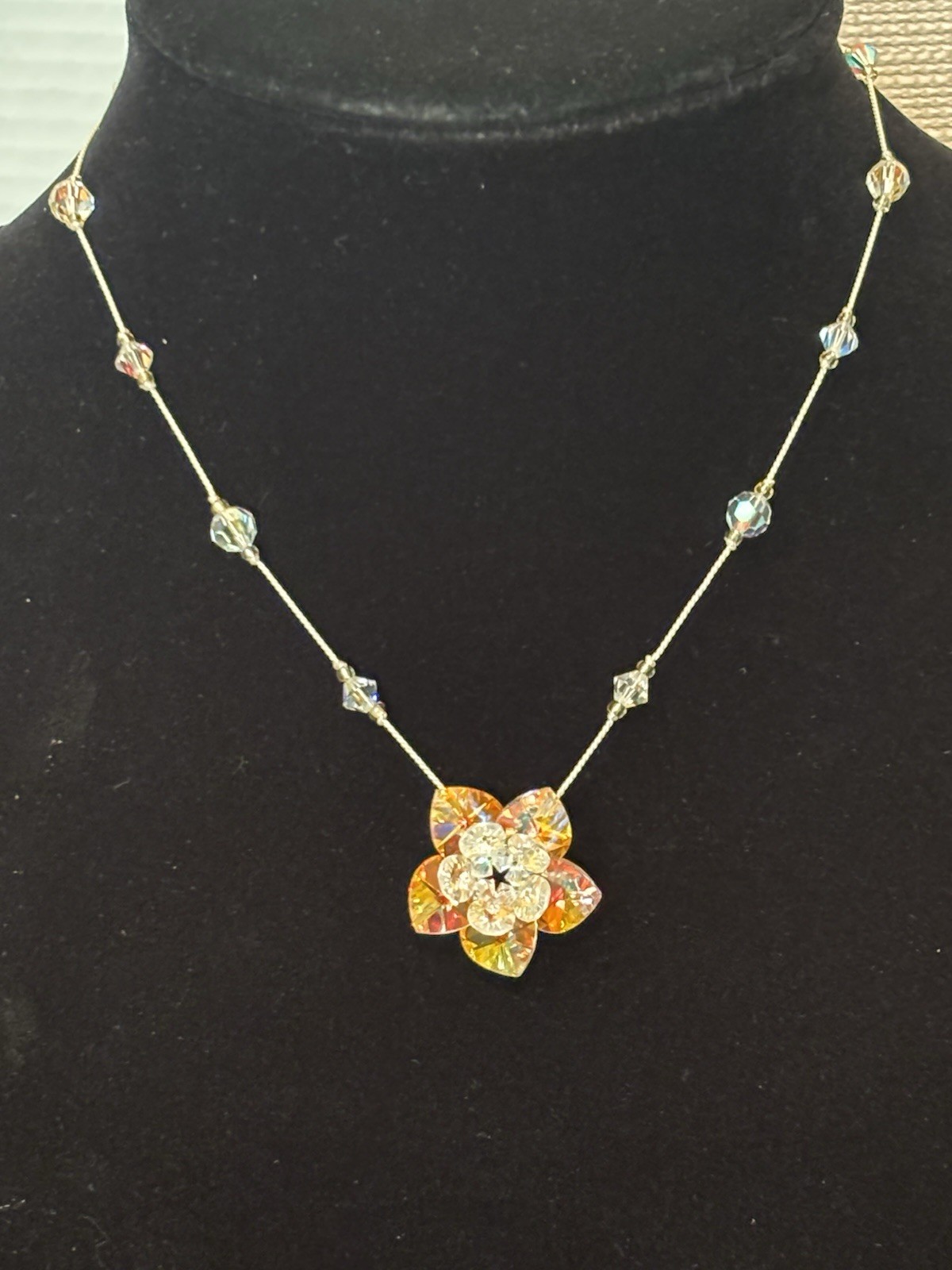 Flower Aurora Borealis Austrian Crystal Necklace 16” Color Changes ￼￼