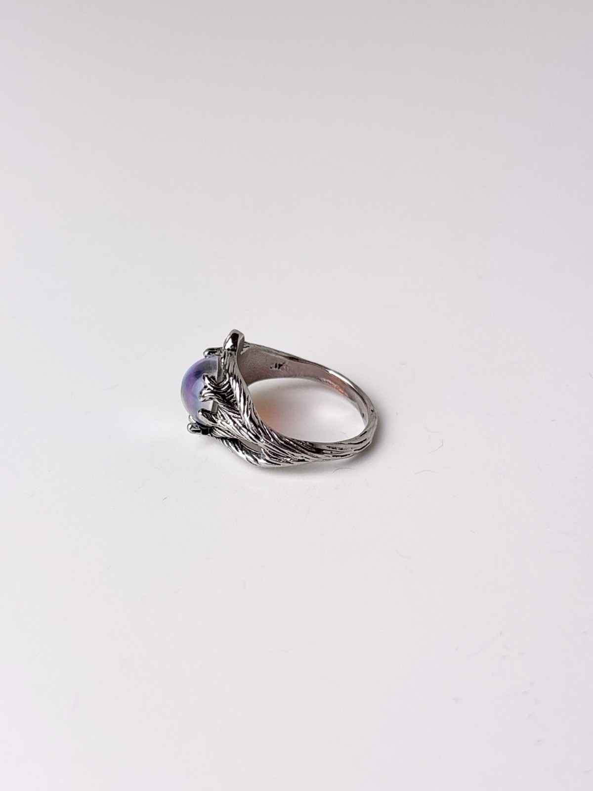 Sterling Silver Flower and Leaf Motif Moonstone Ring in Iridescent Blue Size 7