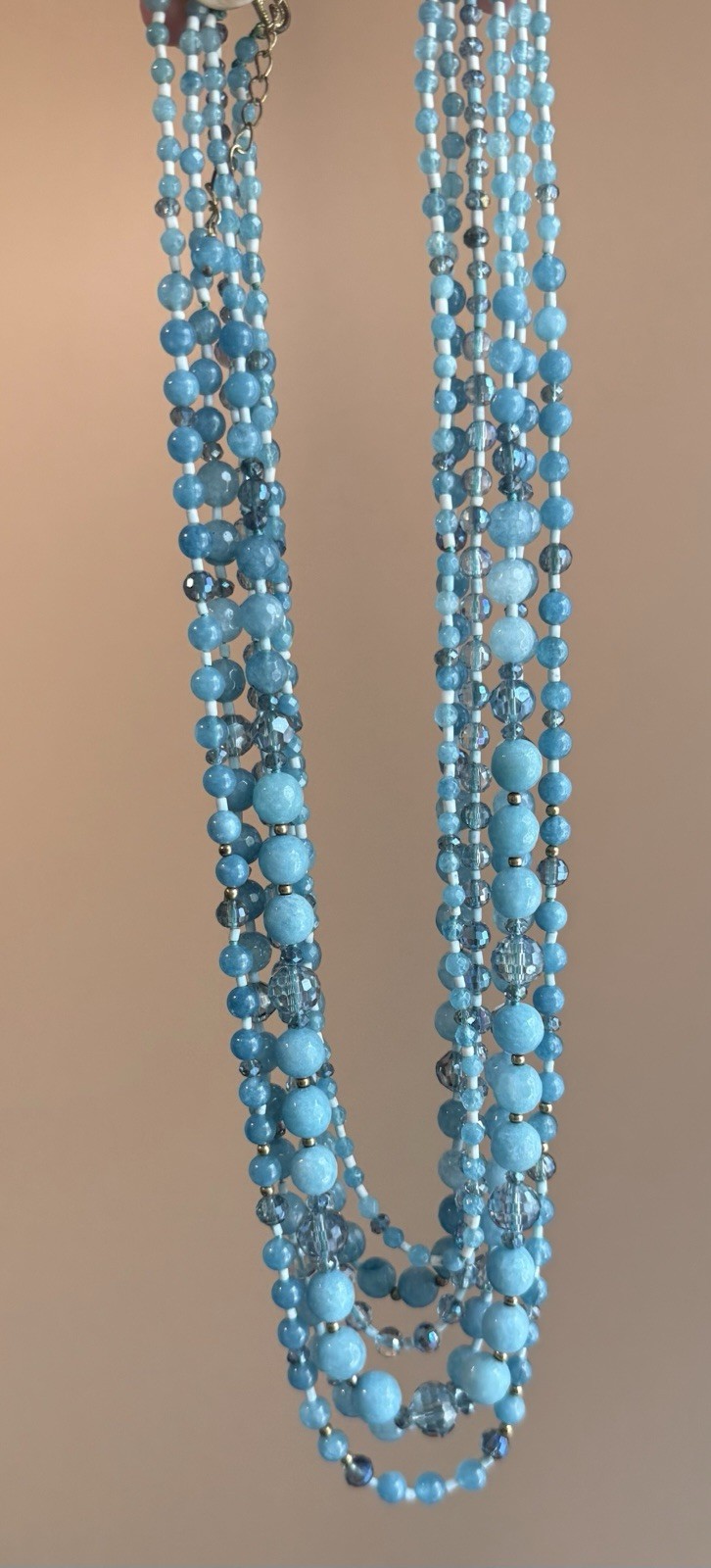 Blue Multi-Strand Statement Beaded Necklace, Round Glass Beads, Ball/Bead