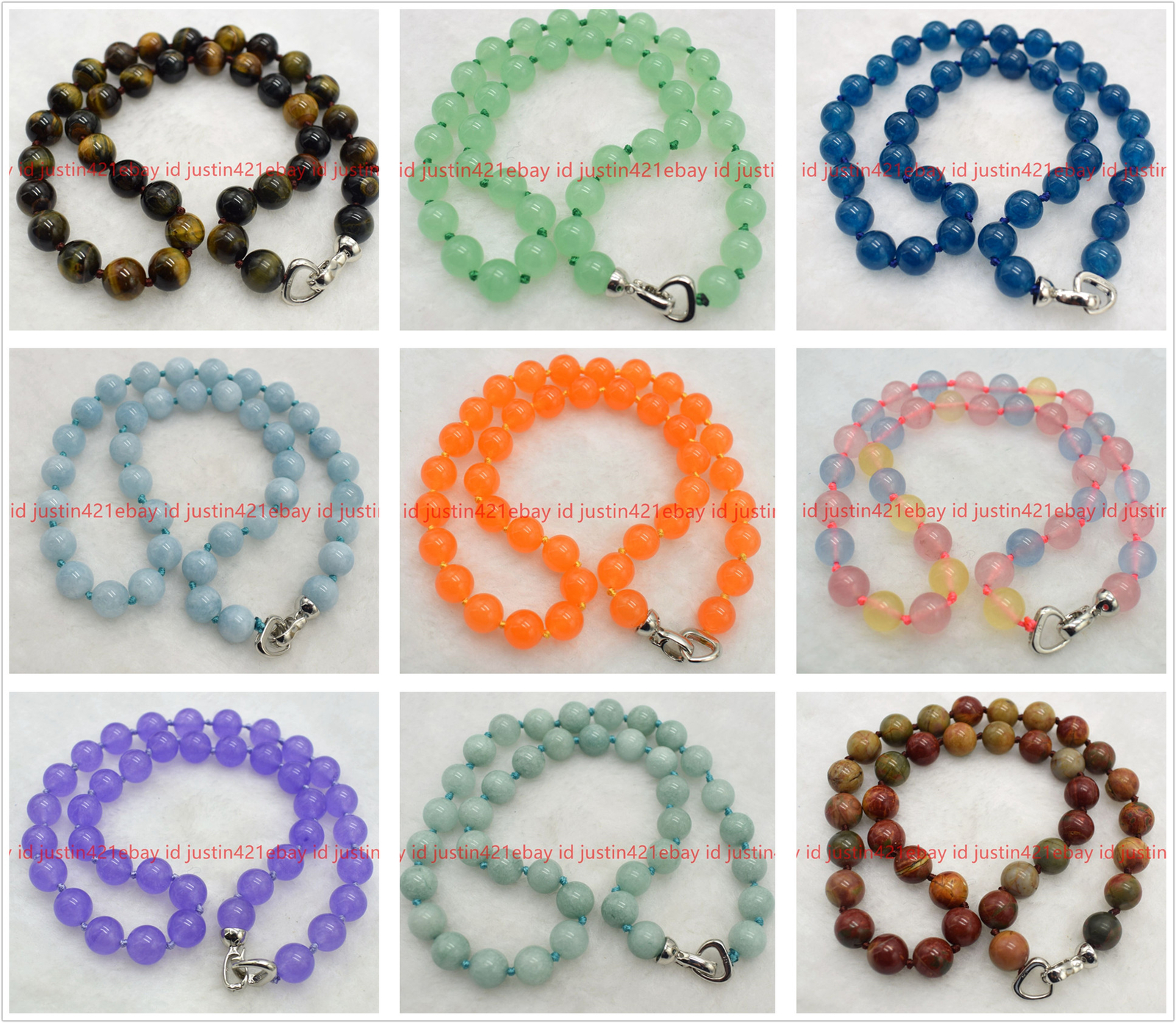 Natural 8/10mm Multicolor Round Gemstone Beads Necklace 18″ 925 Silver Clasp AAA