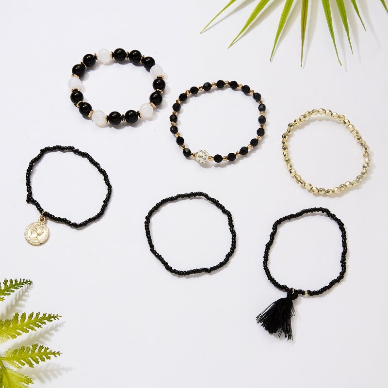Fashion 6Pcs/Set Boho Tassel Crystal Multilayer Women Bangle Beaded Bracelet New