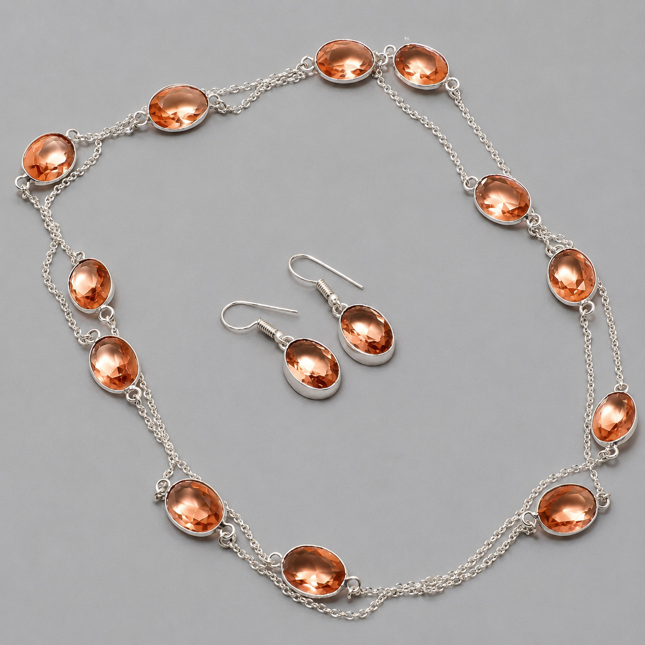 Faceted Morganite Oval Shape Handmade Gemstone Fashion Jewelry Chain+Earrings