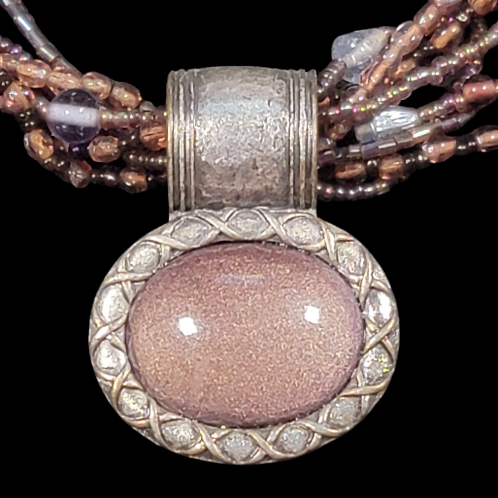 Purple Cabochon Multi Strand Beaded Statement Necklace 19″ Mauve Silver Tone