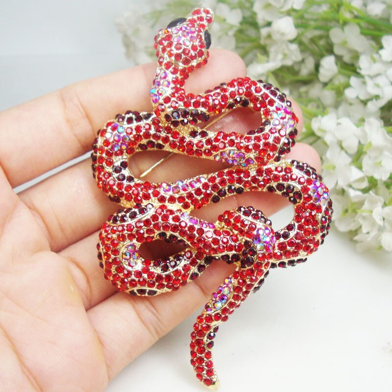 Vintage Red Snake Animal Vintage Pendant Brooch Pin Austria Crystal Rhinestone