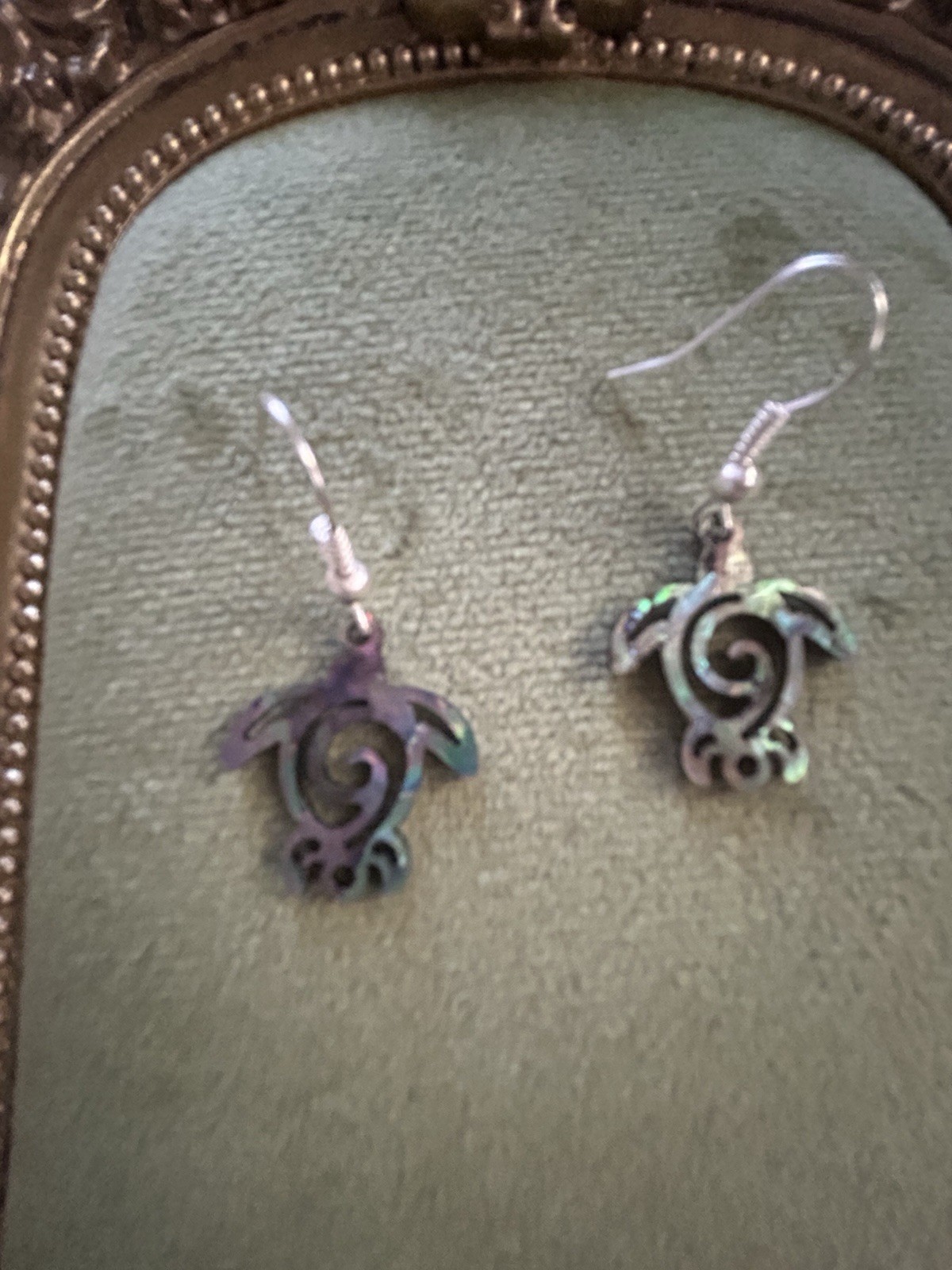 Abalone Shell Sea Turtle Dangle Earrings 1 3/8”