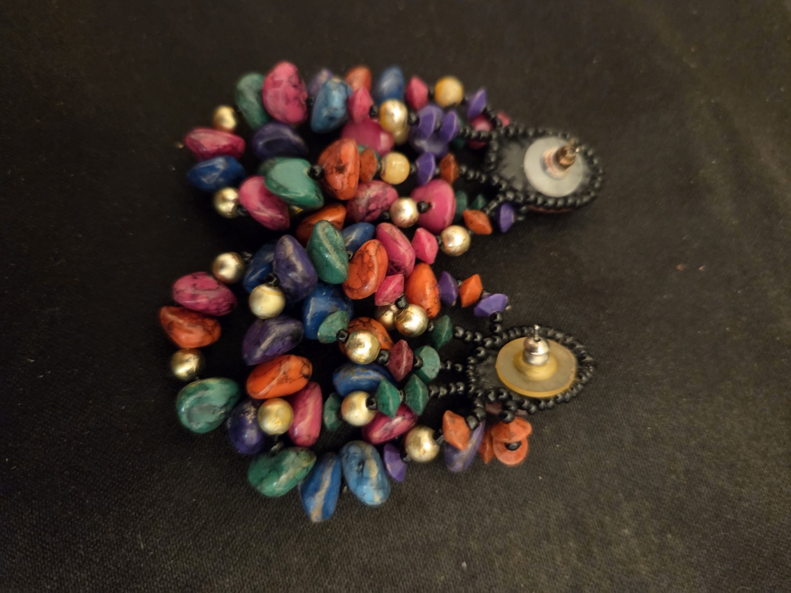 Vintage 1980s Orange, Pink, Blue, Green & Silver Beaded Cluster Dangle Earrings