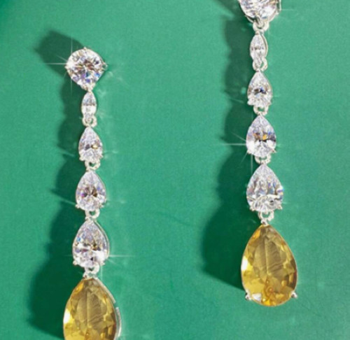 Long Yellow Oblong Rhinestone Earrings Clear Crystal Prom Pageant 2.5 ” Drop