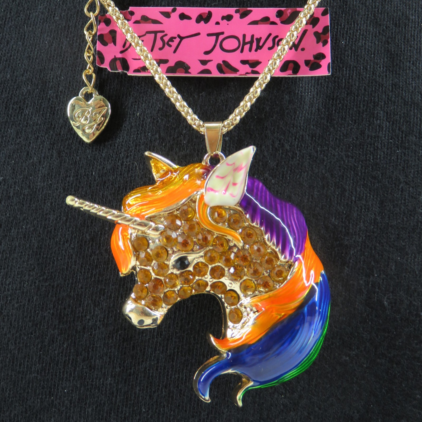 NWT-Betsey Johnson Topaz Crystal Unicorn Head Pendant Enamel Goldtone Necklace