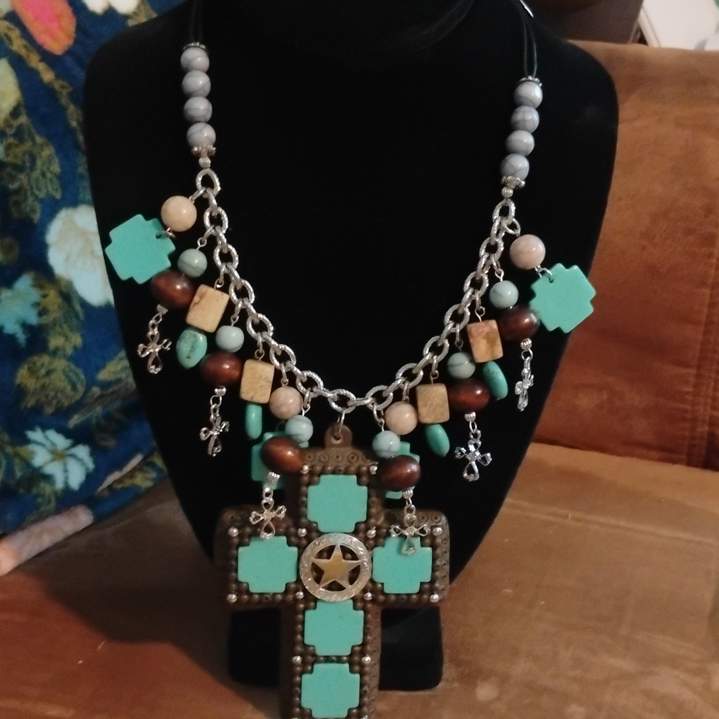 DaVinci Turquoise Cross Necklace & Dangle Earrings Jewelry Set Nickel-Free