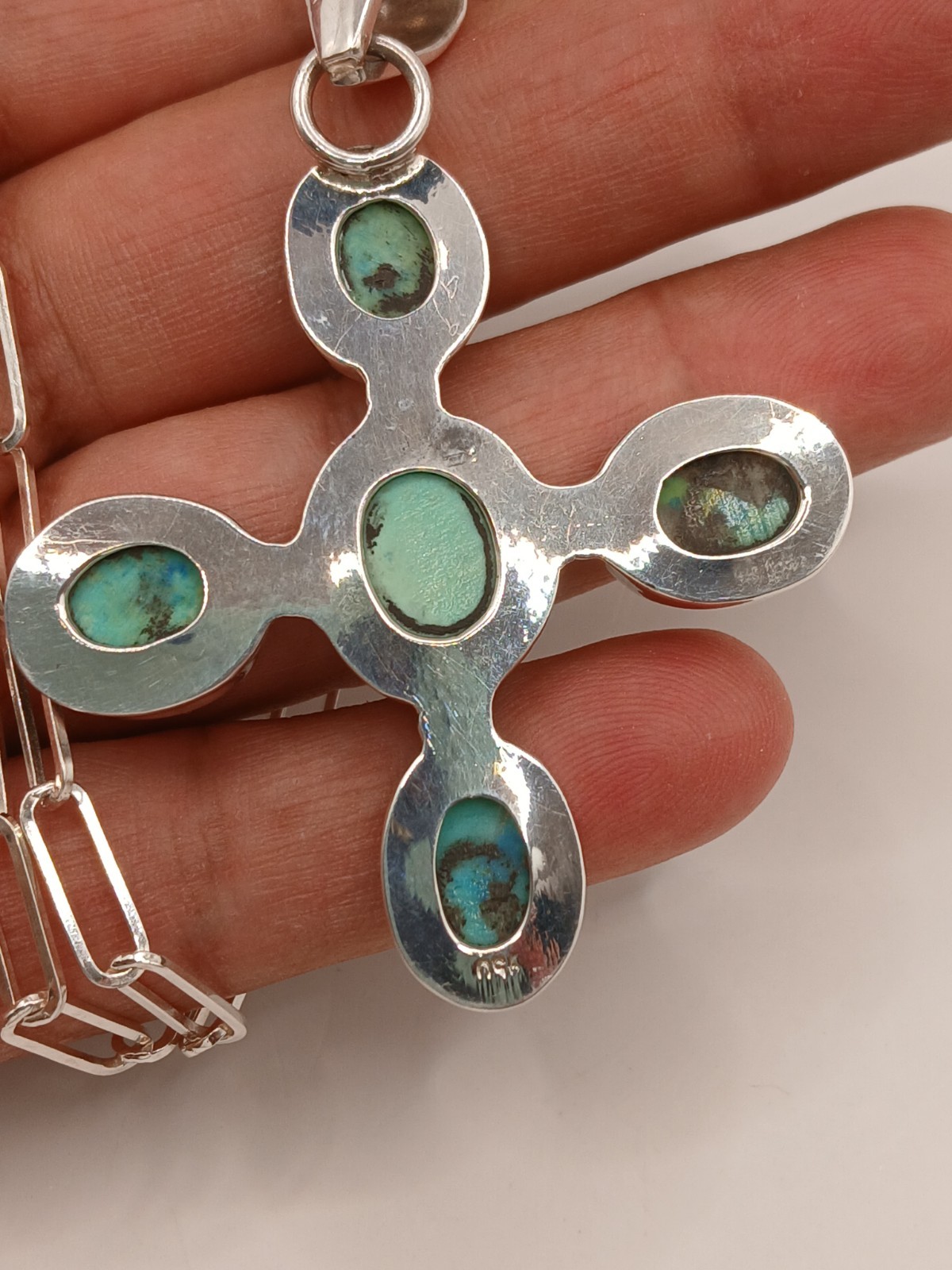Sterling Silver 925 Paperclip Chain Natural Green Turquoise Cross Pendant 24in