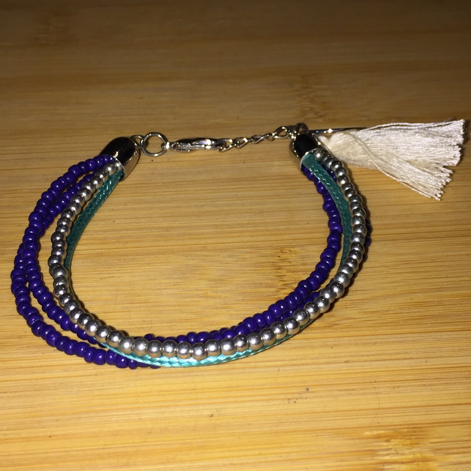 Multi-Strand Beaded Tassel Bracelet Adjustable Purple Turquoise Silver Tone