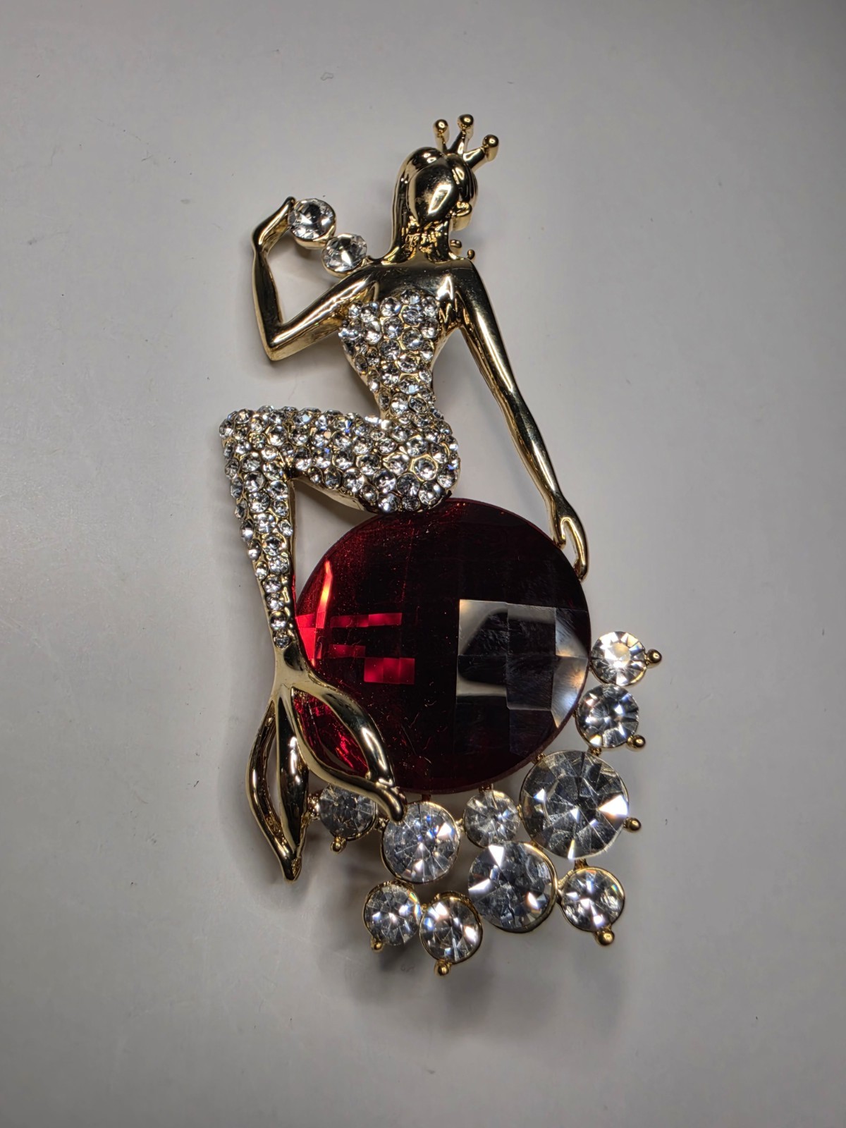 Gold Plated Clear Crystal Mermaid Brooch Pin