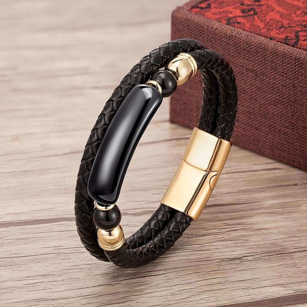 Men’s Multi-Layer Leather Bracelet with Natural Stone – Stainless Steel Clasp