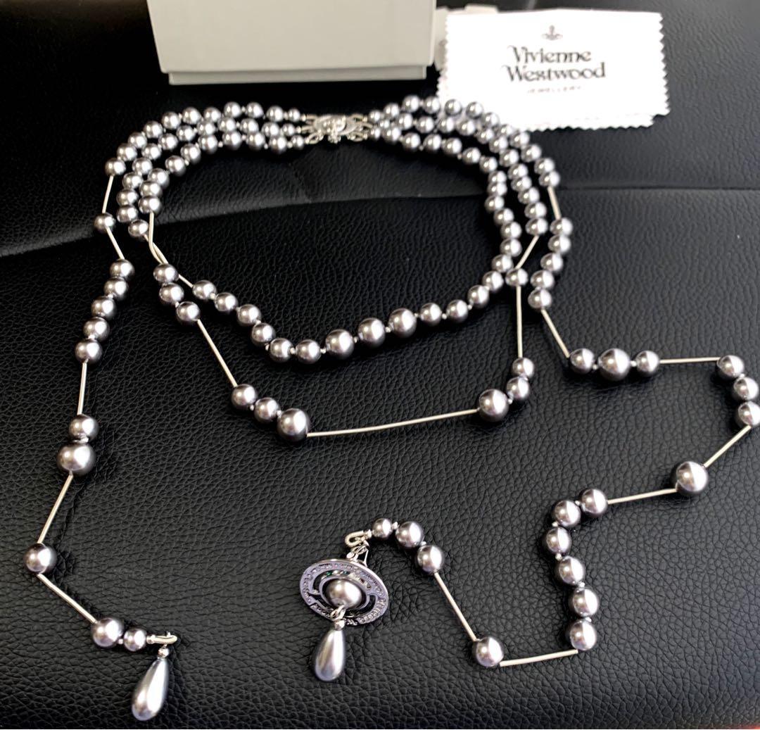 Vivienne Westwood Necklace Three Strands of Pearls Long Orb Gray IN BOX