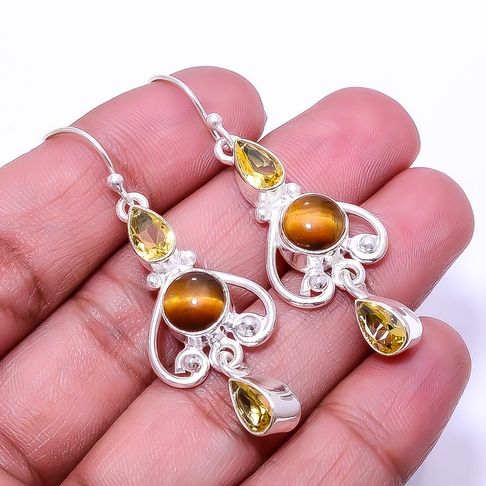 Yellow Tiger Eye, Citrine Multi Collet 925 Sterling Silver Earring 1.95″ E19