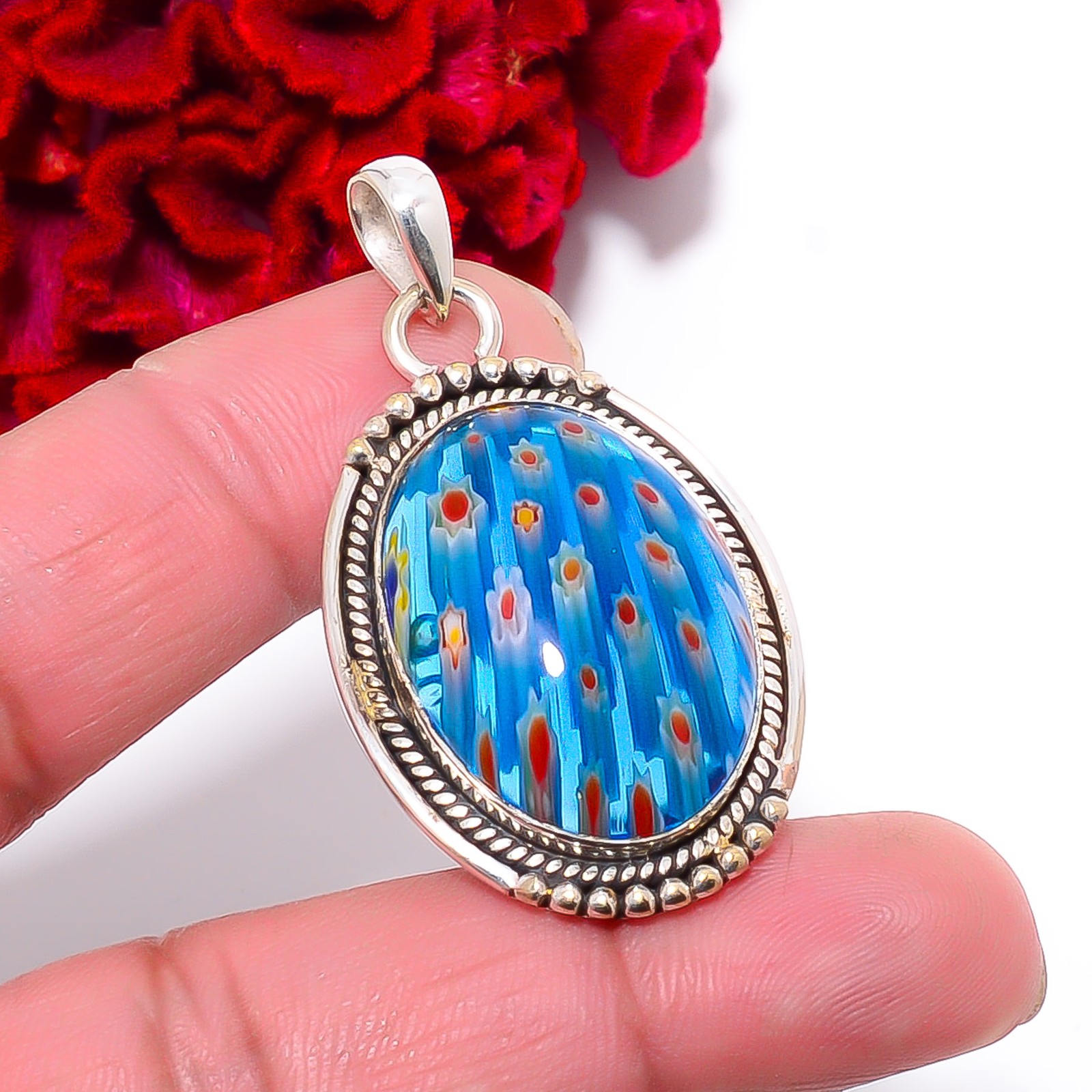 Millefiori Murano Glass Designer Handmade 925 Sterling Silver Pendant 1.87″ P957