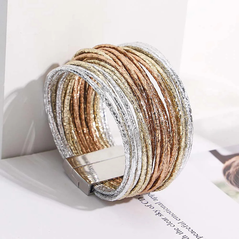 Triple Color Leather Wrap Bracelet Multilayer Slim Glitter Rope Chain Women
