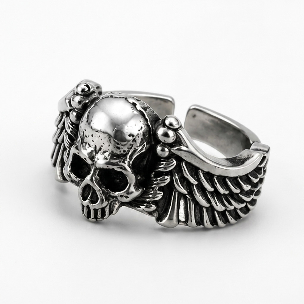 Skull Wings Biker Ring Men Women Gothic Punk Open Adjustable Band