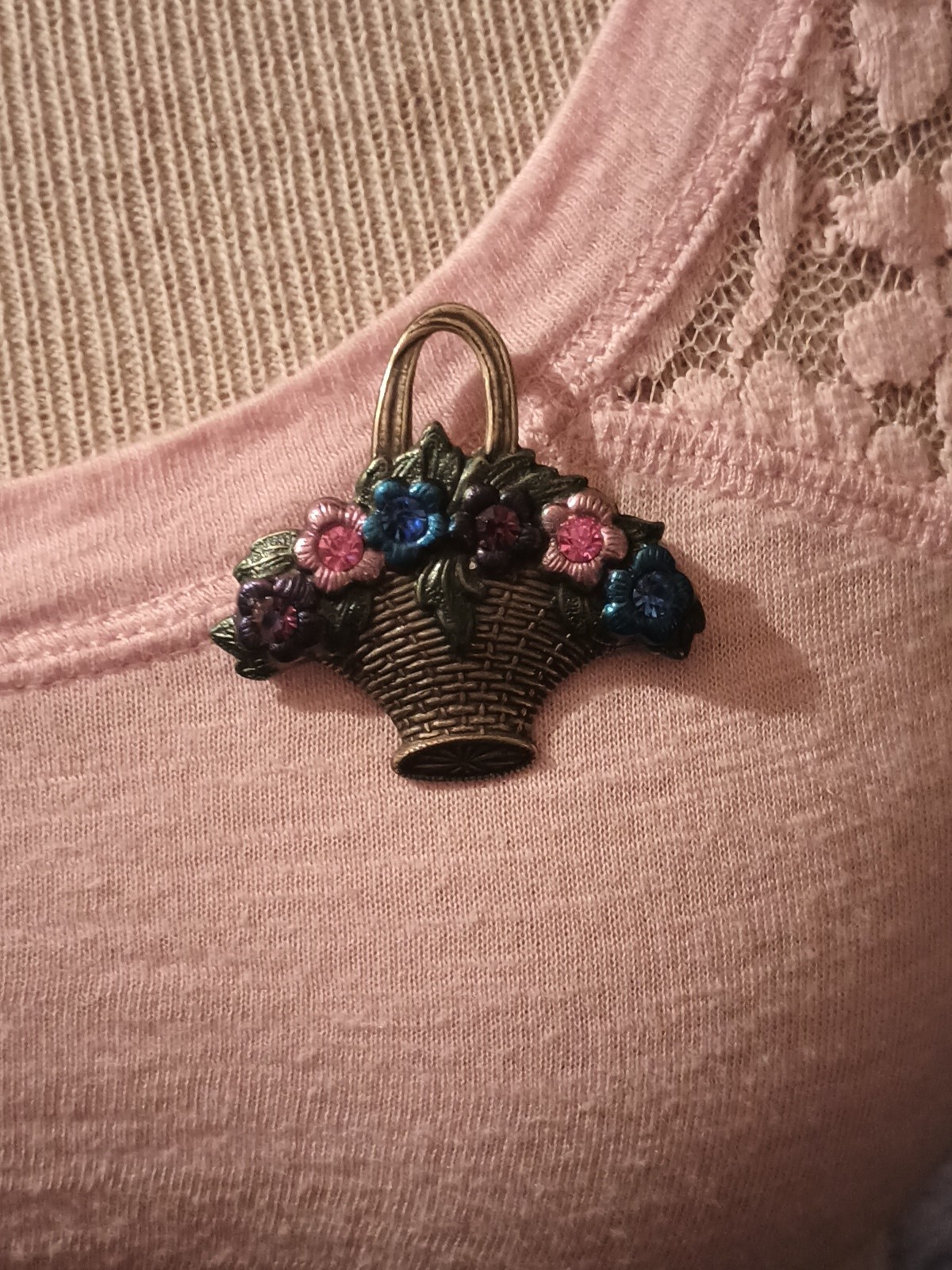 Vintage SWEET ROMANCE Multicolor Basket Of Rhinestone Flowers Brooch USA NOS