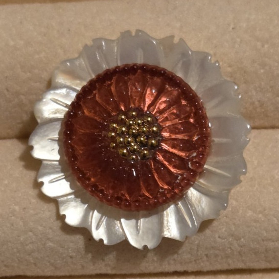 Salmon Pink Czech Glass Button And Mother Of Pearl Flower Brooch