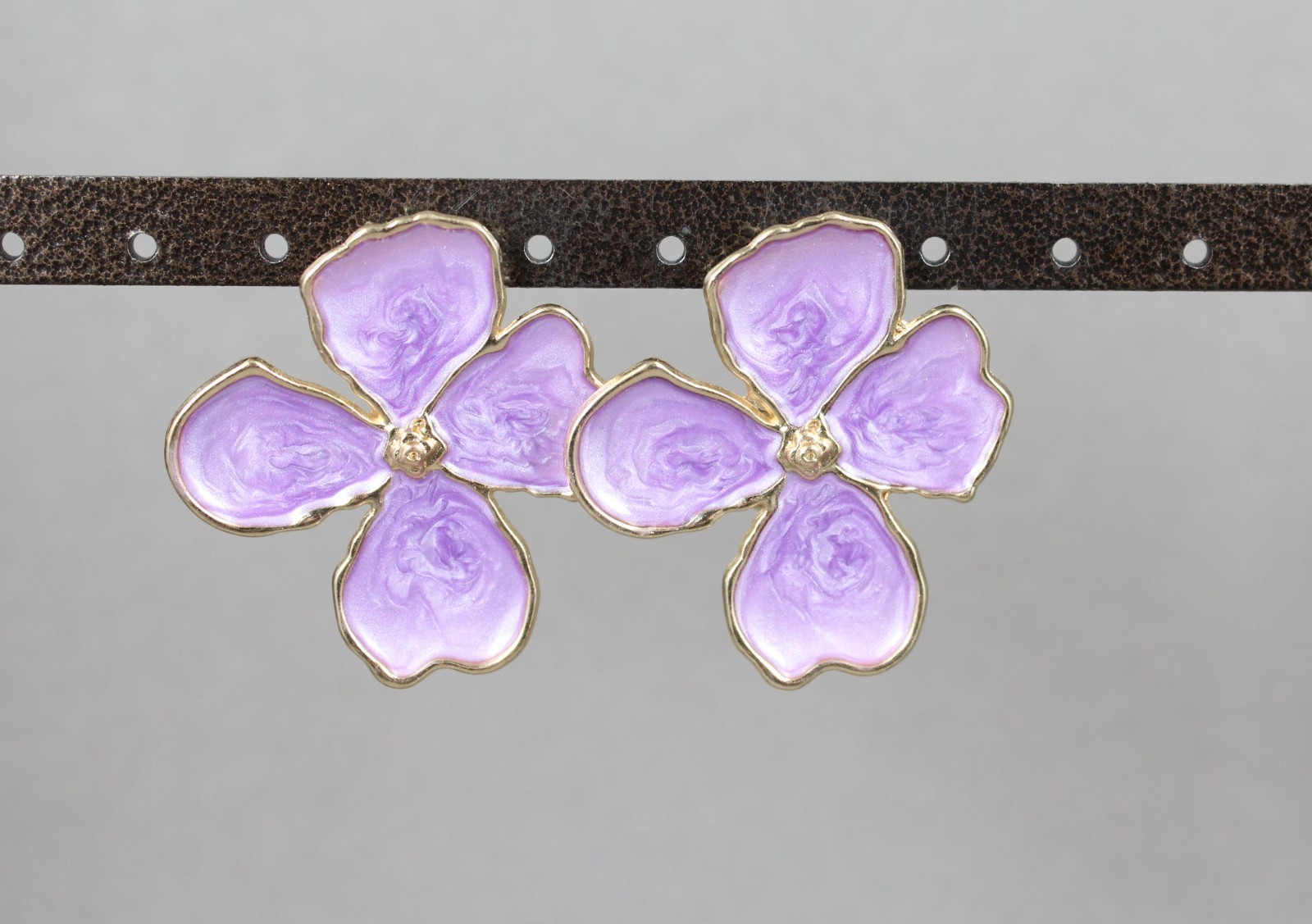 purple Big flower earrings enamel stud post daisy petal 1 .75″ long dogwood