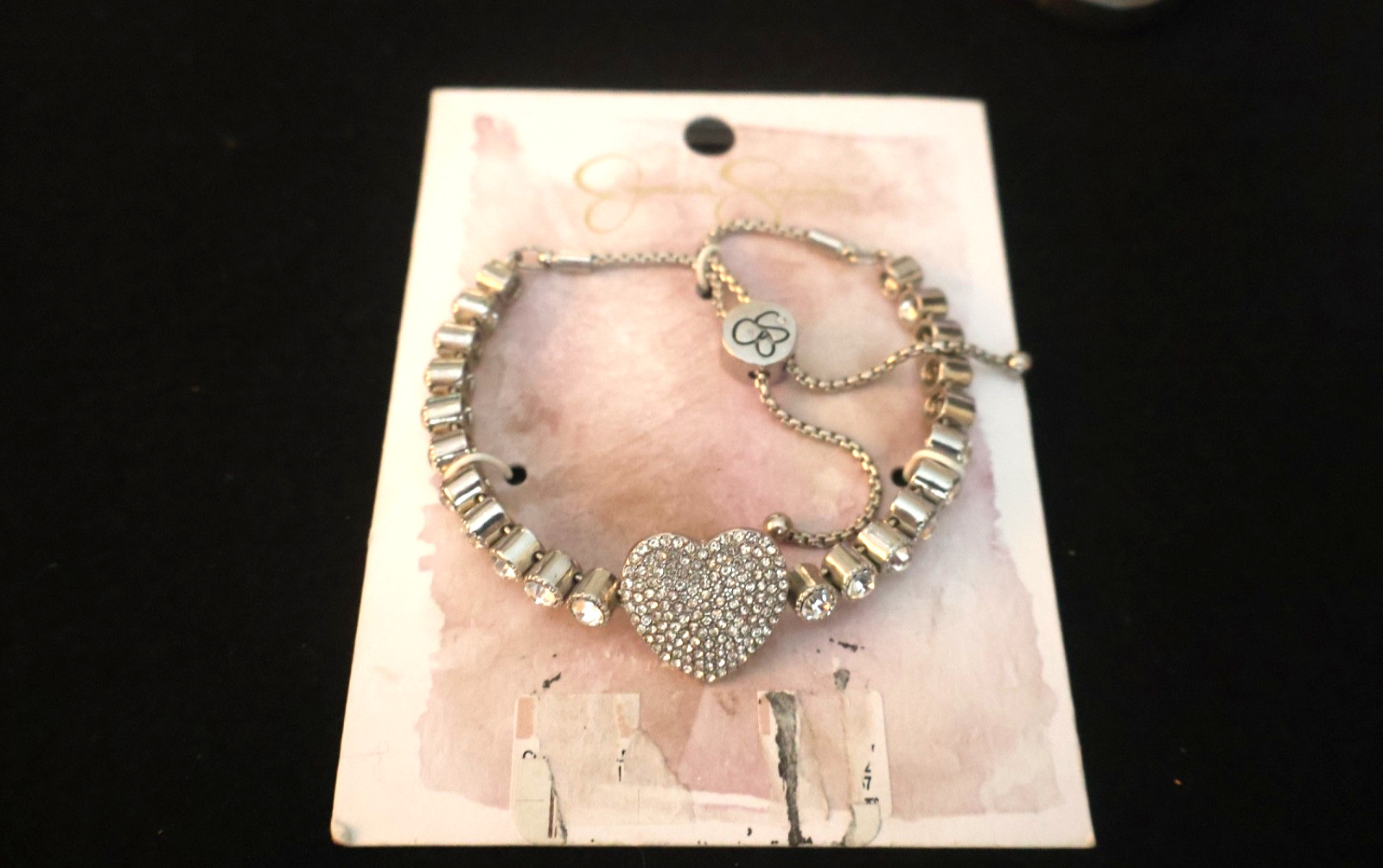 Jessica Simpson Silver Tone Rhinestone Heart Slider Bolo Lariat Bracelet