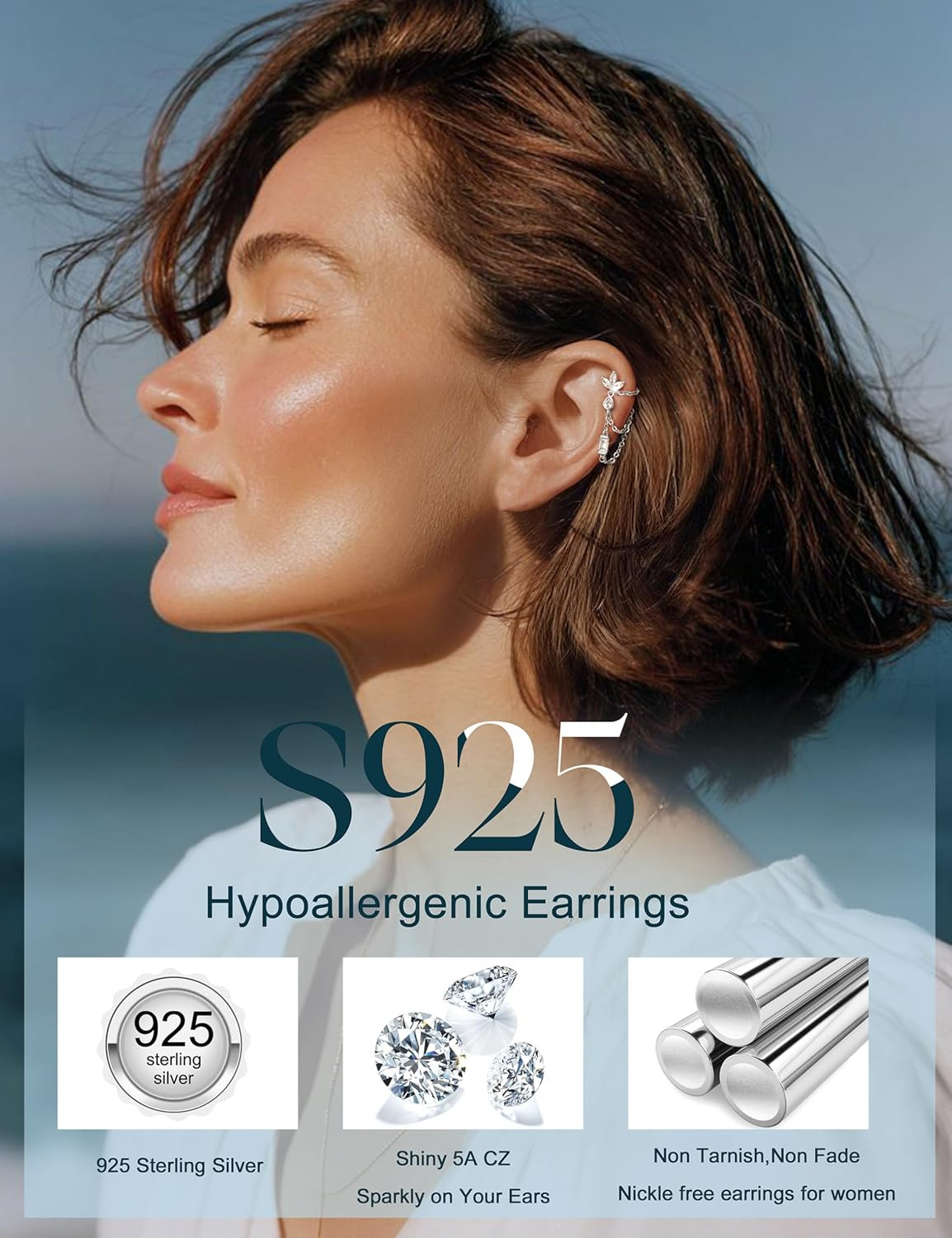 Hypoallergenic Cartilage Earrings for Women Flat Back-925 Sterling Silver Post S