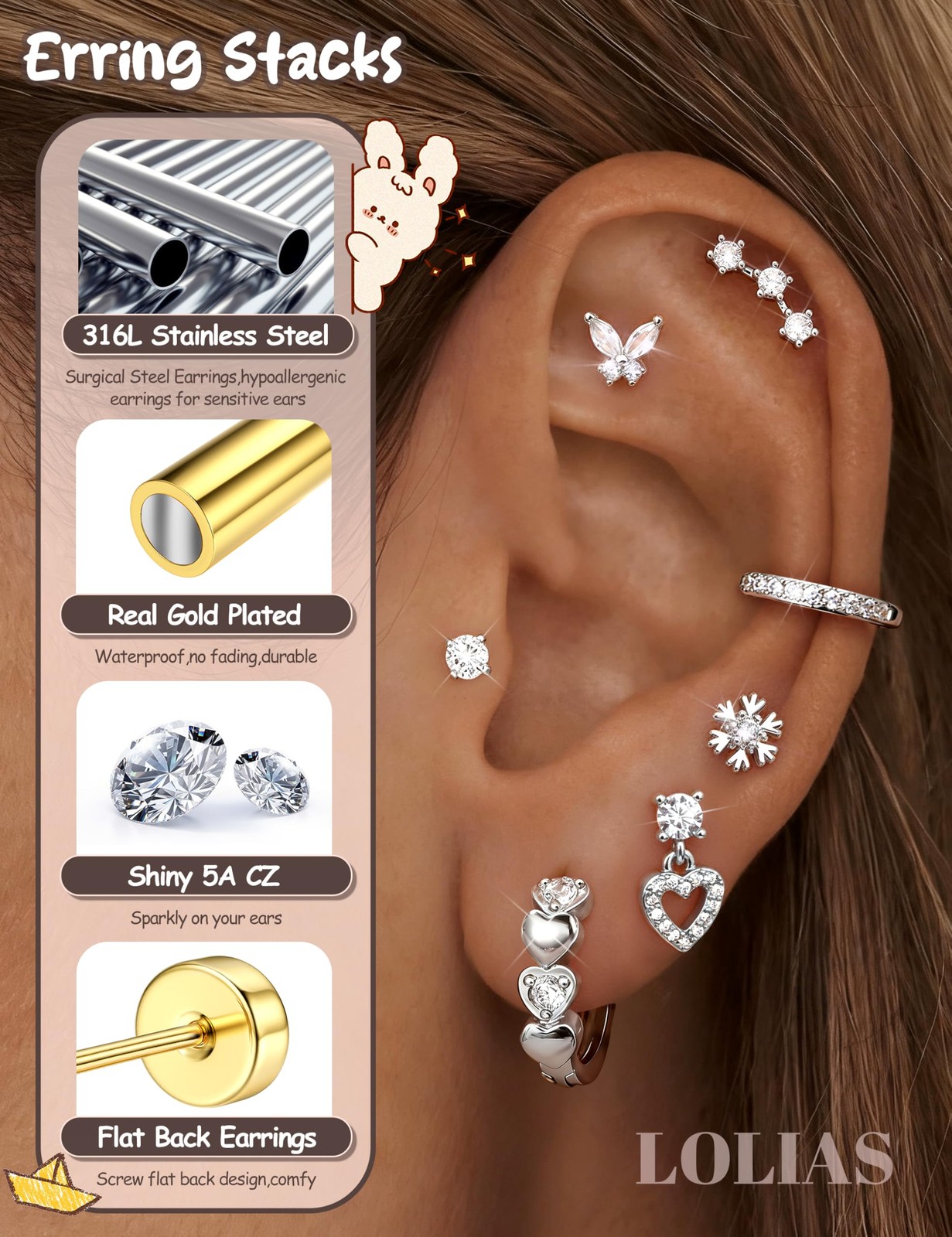 LOLIAS Hypoallergenic Flat Back Earrings for 10 millimeters, Silver+White CZ