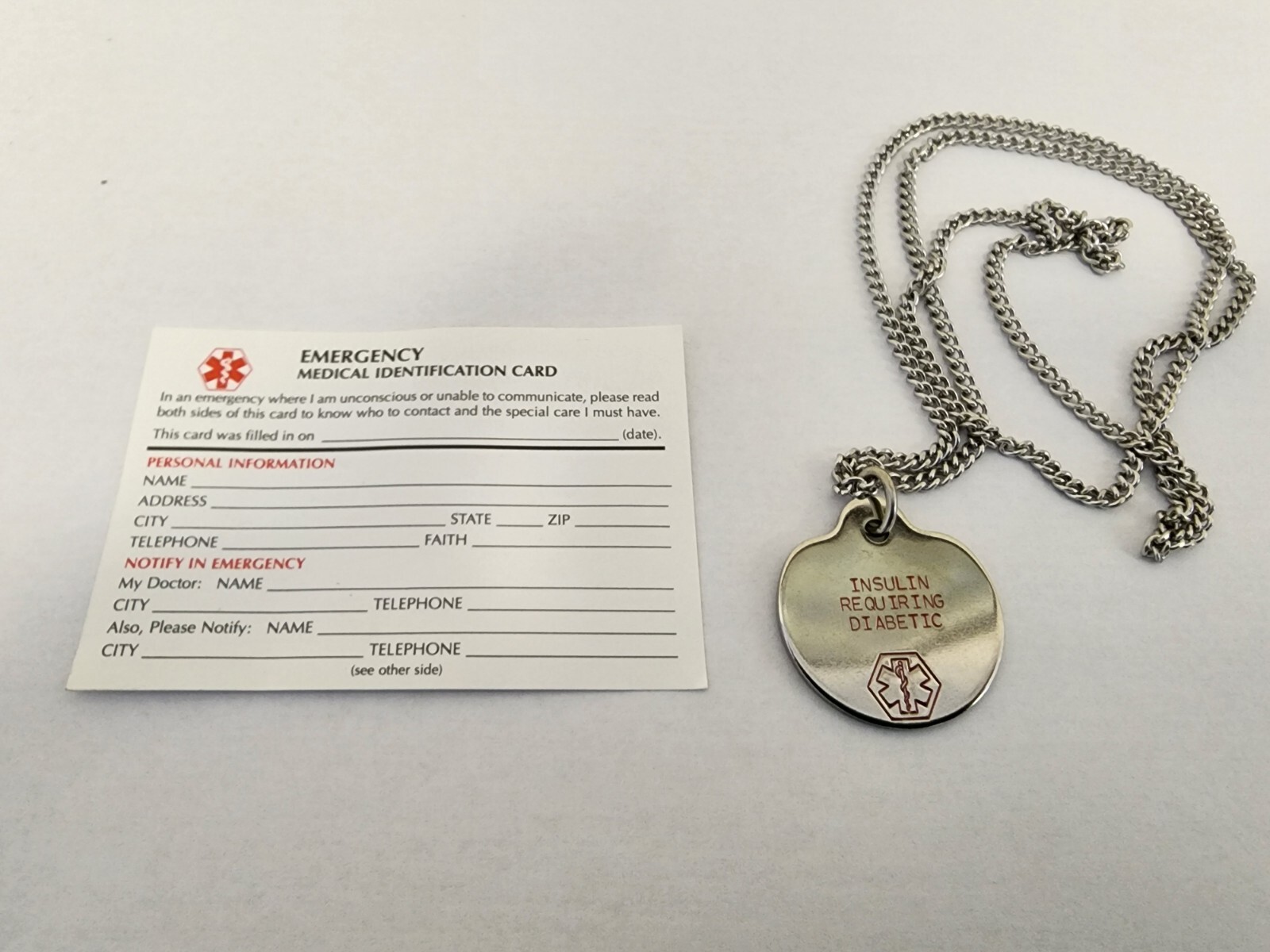 Diabetic Medical Alert Necklace, Pendant With Chain
